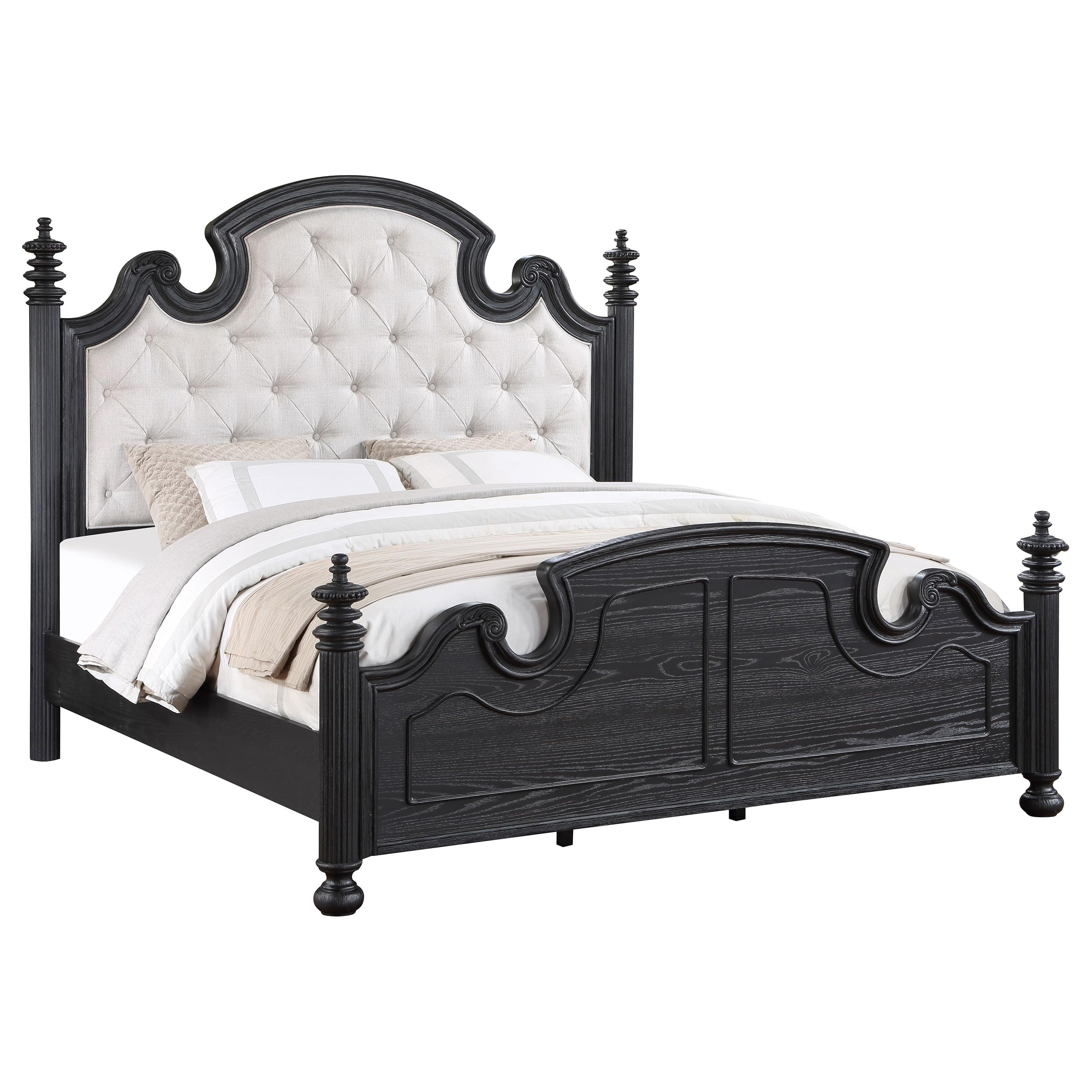 Coaster Home Furnishings Celina Traditional Fabric Upholstered Eastern King Size Four-Poster Bed Frame 70-inch Headboard Black 224761KE