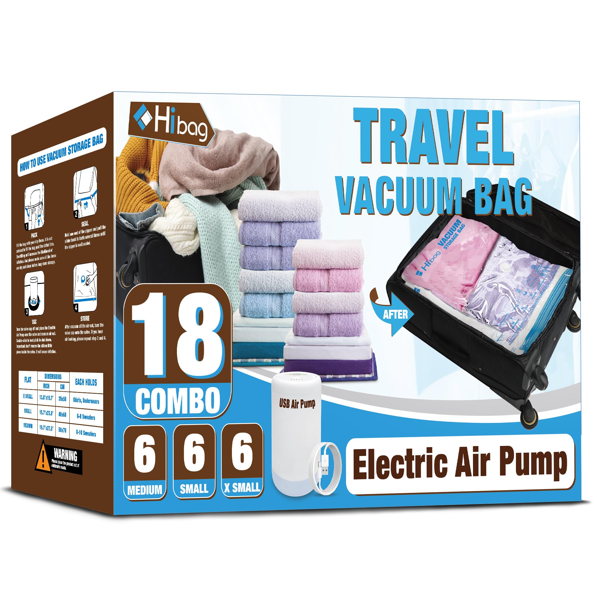 Travel Vacuum Bags with Electric Pump for Luggage and Suitcase, Vacuum Seal Compression Packing Bags for Clothes Clothing, Combo