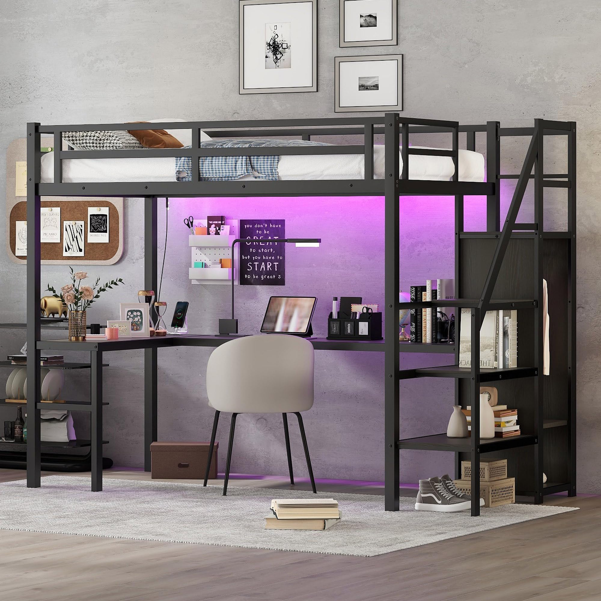 Metal Twin XL Size Loft Bed with Desk and Wardrobe,Heavy Duty Loft Bed Frame with Storage Stairs,LED Lights and Charging Station