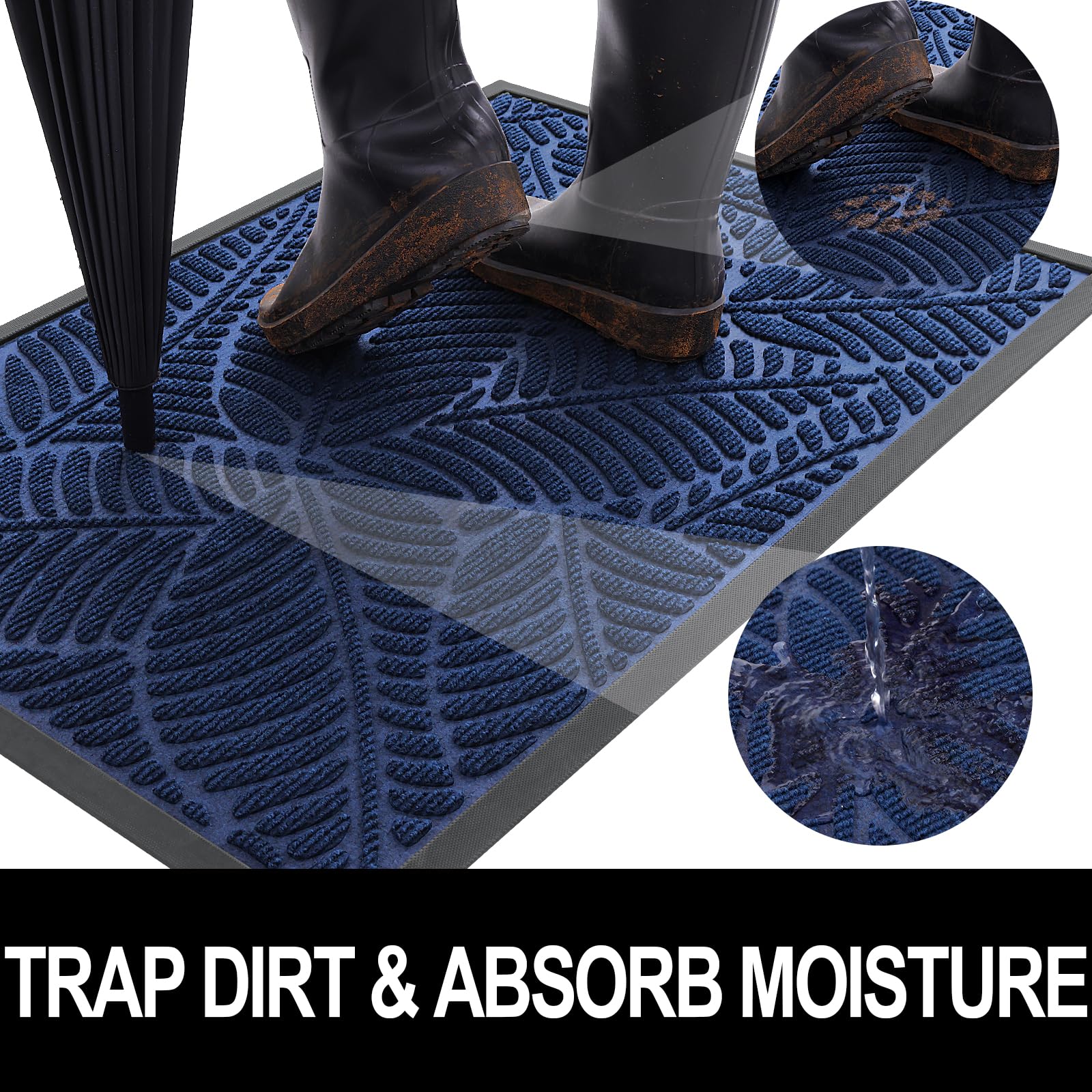 Colorxy Waterproof Doormat, Sturdy Natural Rubber Front Indoor Mat, Non Slip Low Profile Indoor Outdoor Door Mat, Stain And Fade Resistant Floor Mat, Easy Clean Patio Entrance Mat, 48''X32'', Navy