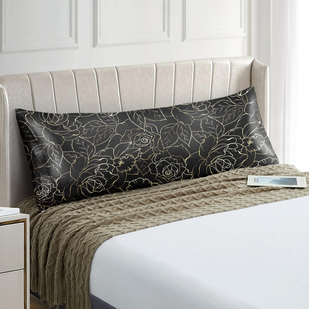 Exq Home Satin Body Pillowcase For Hair And Skin- Rose On Black Silk Long Pillowcase 20X54 Inches - Satin Pillow Cases With Enve