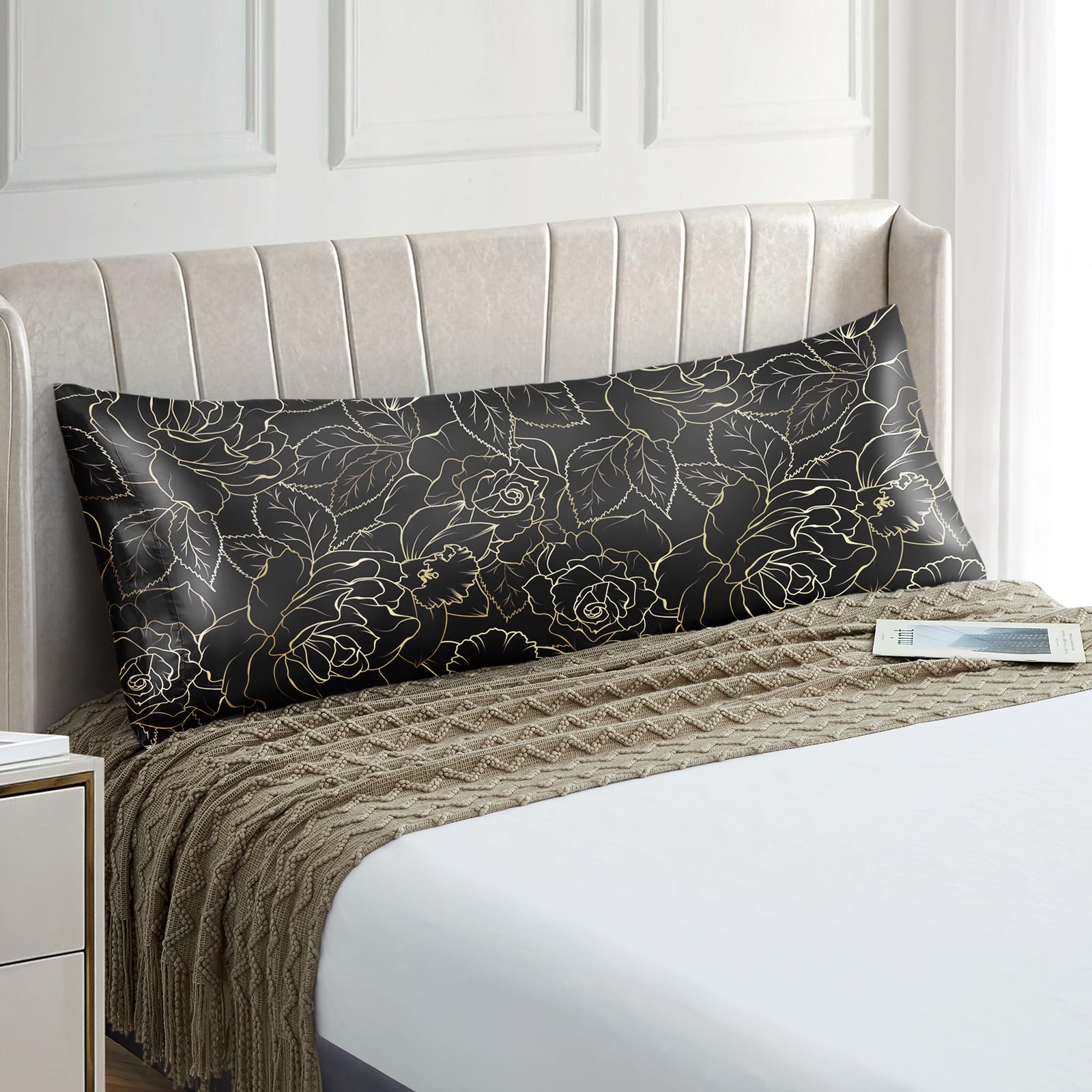 Exq Home Satin Body Pillowcase For Hair And Skin- Rose On Black Silk Long Pillowcase 20X54 Inches - Satin Pillow Cases With Enve