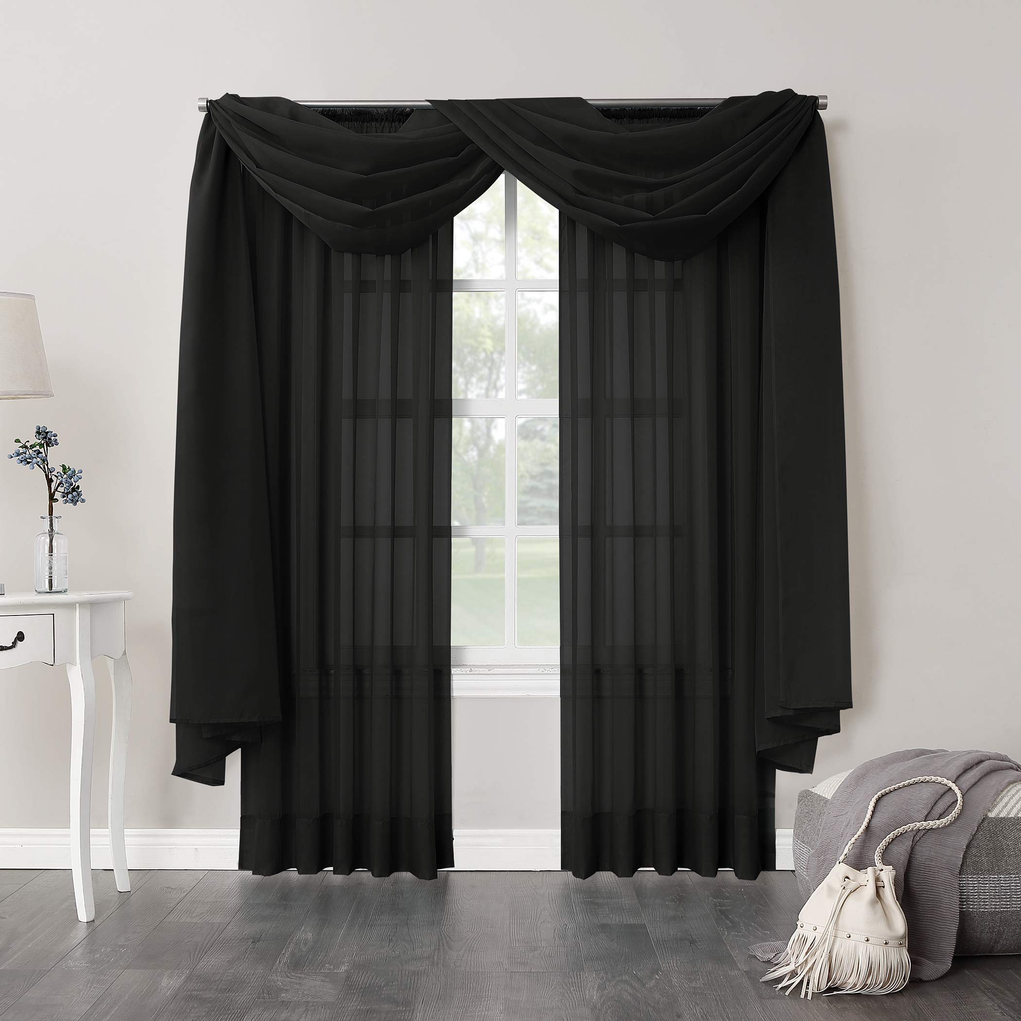 No. 918 53566 Emily Sheer Voile Rod Pocket Curtain Panel, 59'' X 95'', Black