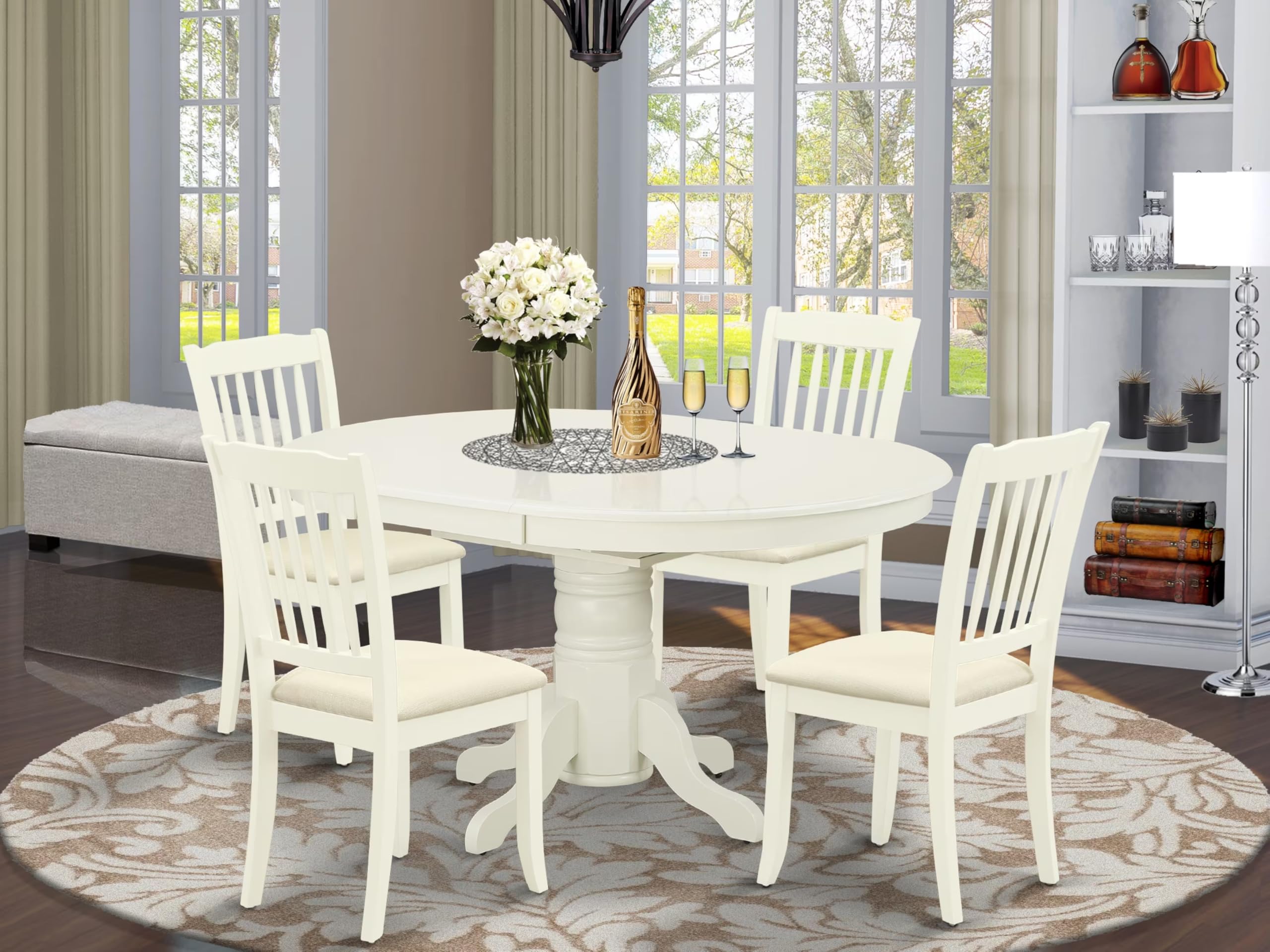 East West Furniture Avda5-Lwh-C 5 Piece Modern Dining Table Set Includes An Oval Wooden Table With Butterfly Leaf And 4 Linen Fabric Upholstered Dining Chairs, 42X60 Inch, Linen White