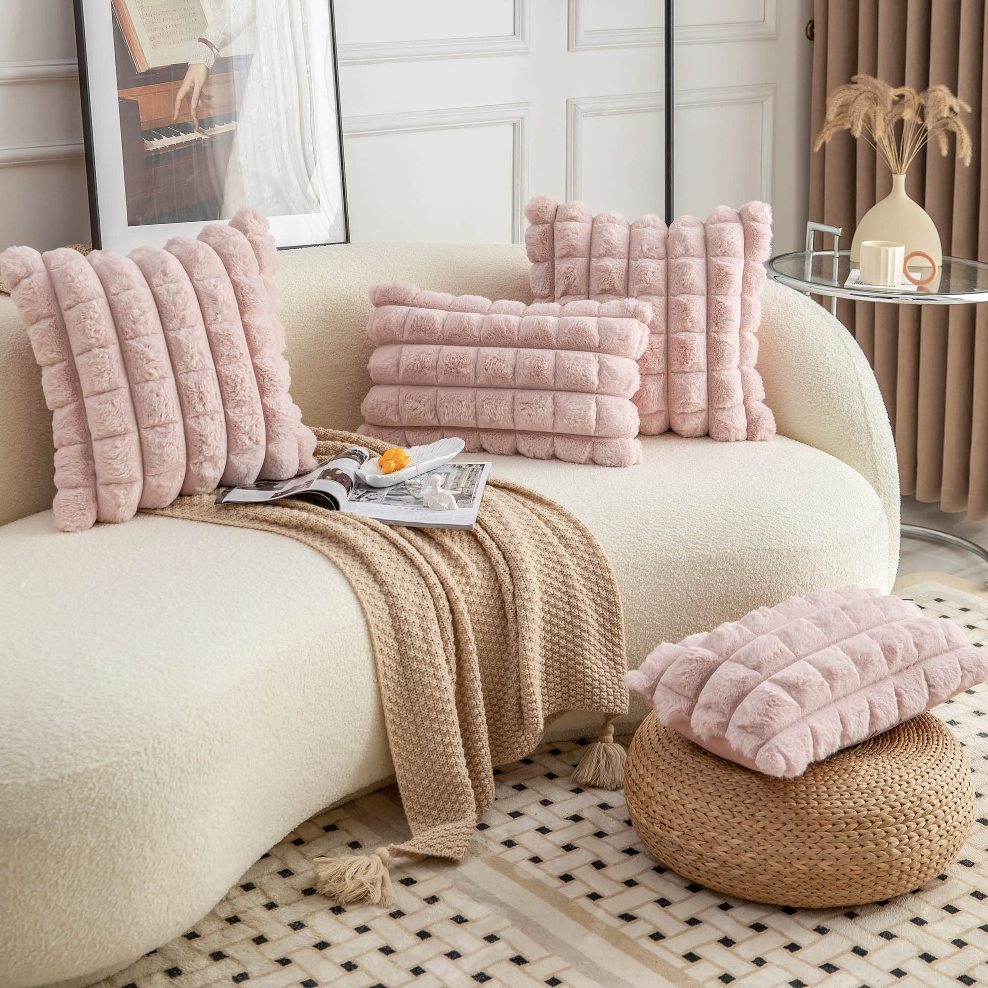 Neelvin Pink Faux Fur Cozy Soft Plaid Decorative Throw Pillow Covers 18X18 Inch Set Of 2,Velvet Pillowcase Cushion Case For Sofa