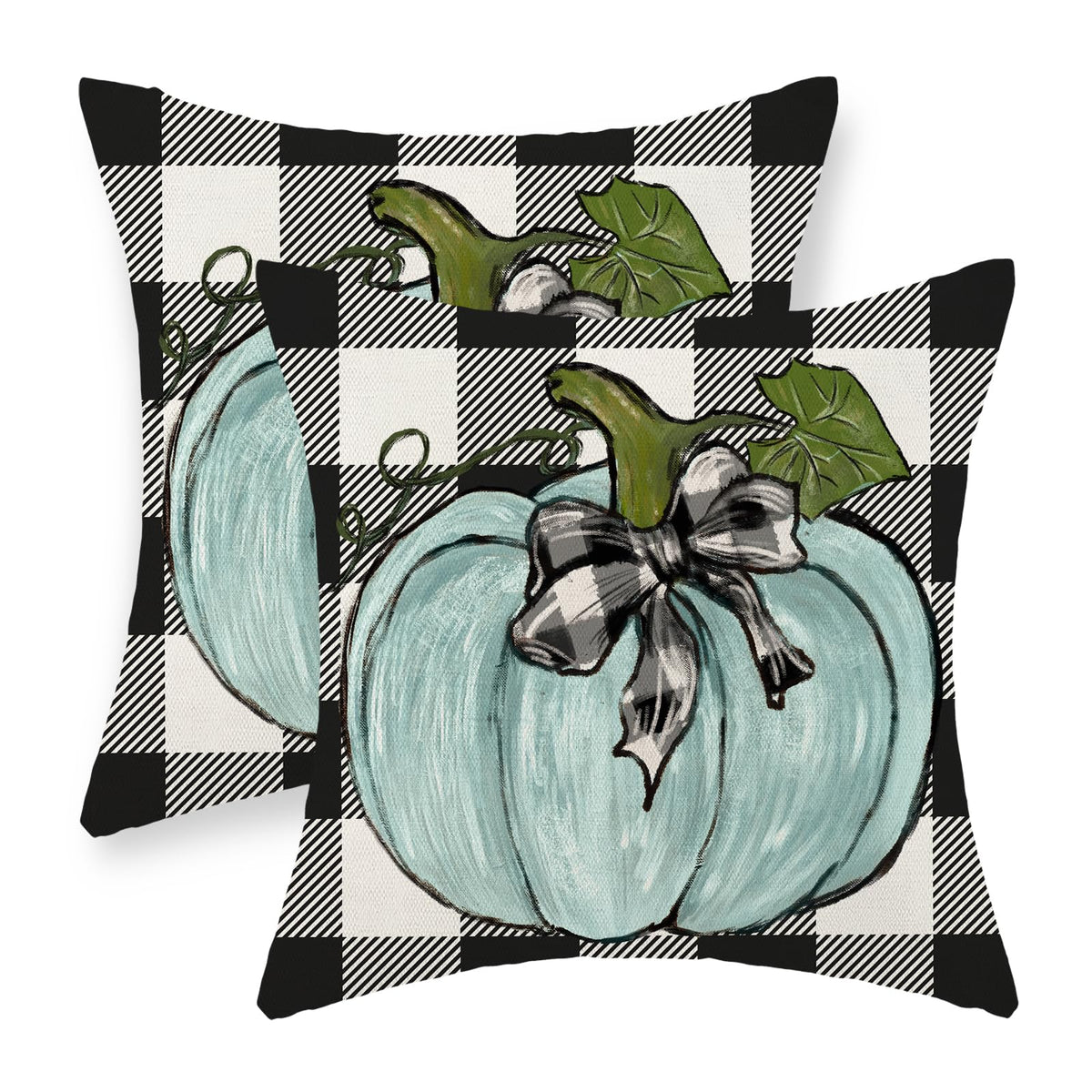 Gohdiwh Fall Pillow Covers 18X18 Set Of 2 Teal Blue Pumpkin Buffalo Plaid Fall Decor Pillowcase Autumn Thanksgiving Decorative O