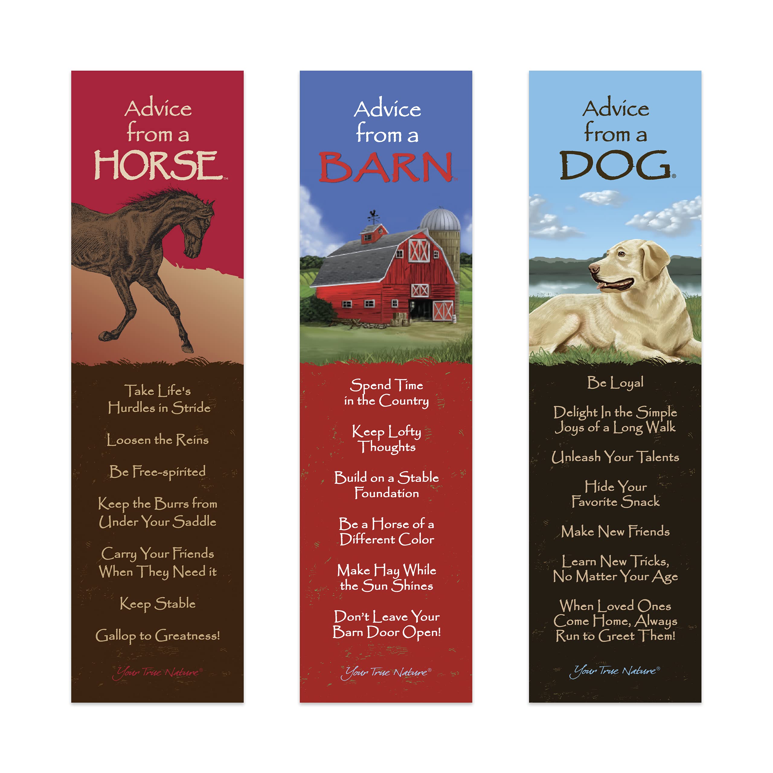 Your True Nature Advice From Nature 3 Bookmark Farm Set, Laminated With Glossy Finish, Printed On Recycled Paper - Barn, Horse,