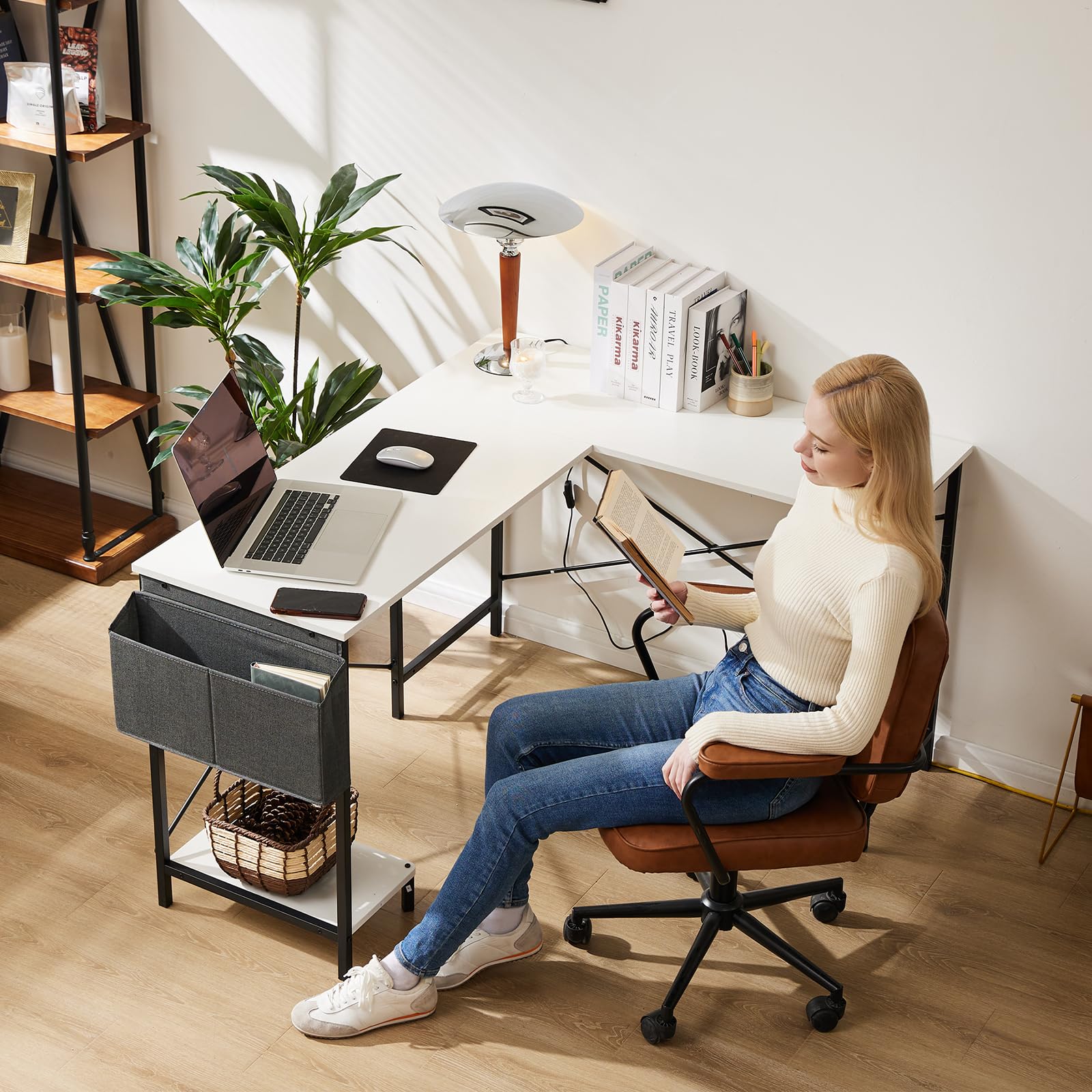 Sweetcrispy L Shaped Computer Desk - Gaming Corner 50 Inch Pc White Writing Study Student Table With Wooden Desktop Cpu Stand Side Bag Reversible For Home Office Room Small Space, White