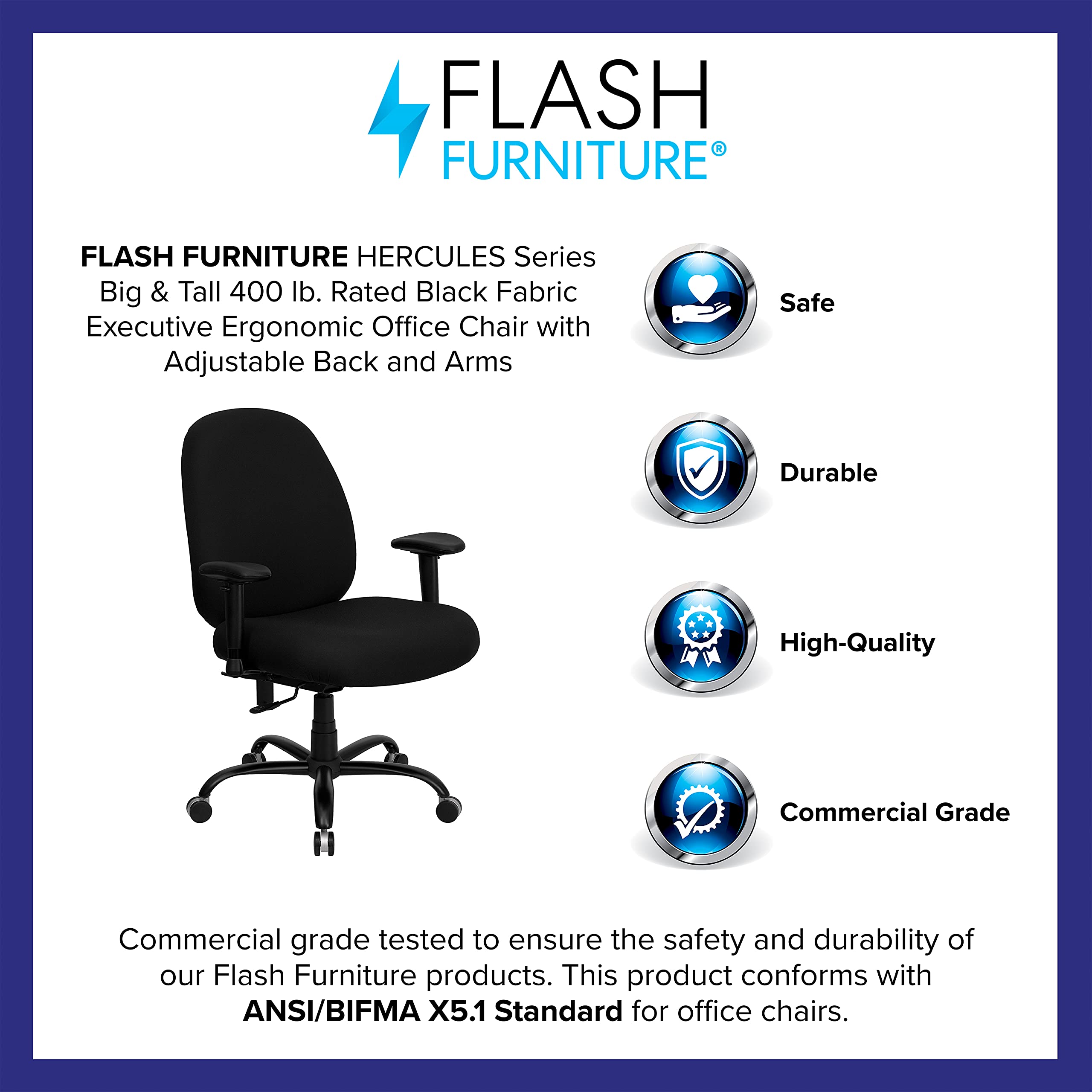 Flash Furniture HERCULES Series Big & Tall 400 lb. Rated Black Fabric Executive Ergonomic Office Chair with Adjustable Back and Arms