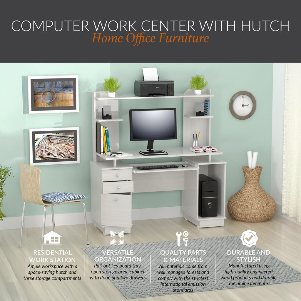 Inval America, 53.5' H x 48.62' W x 19.5' D, Washed Oak Work Center with Hutch, Pull-Out Keyboard Tray, Drawers, Desk Workstation