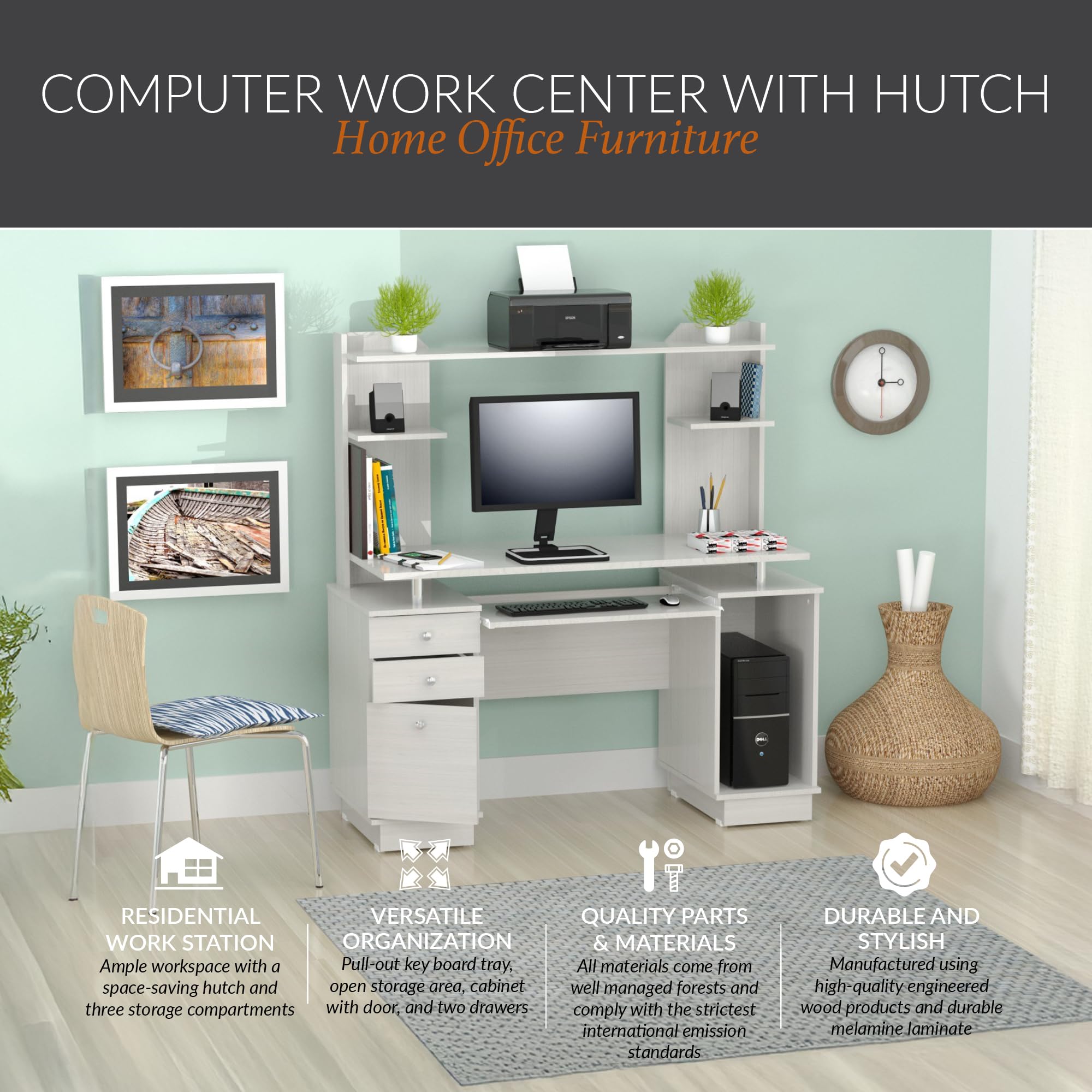 Inval America, 53.5' H x 48.62' W x 19.5' D, Washed Oak Work Center with Hutch, Pull-Out Keyboard Tray, Drawers, Desk Workstation