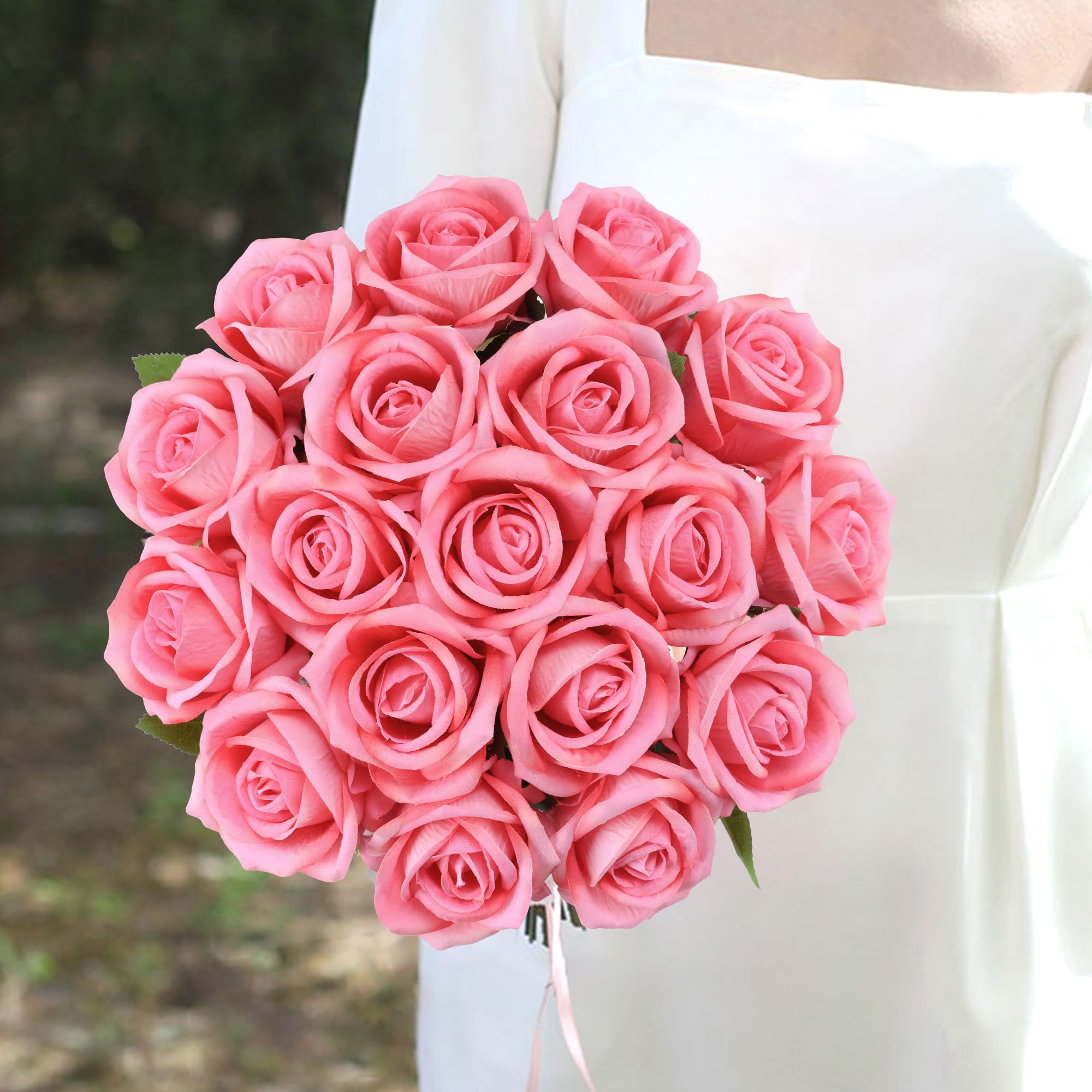 Fake Roses Artificial Silk Flowers - 12 Pcs Pink Roses Artificial Faux Flowers With Stems For Home Wedding Centerpiece Hotel Off
