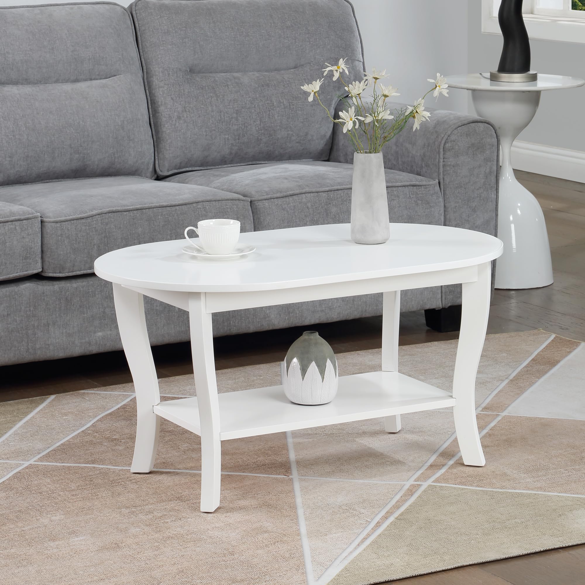 Convenience Concepts American Heritage Oval Coffee Table with Shelf in White Wood Finish