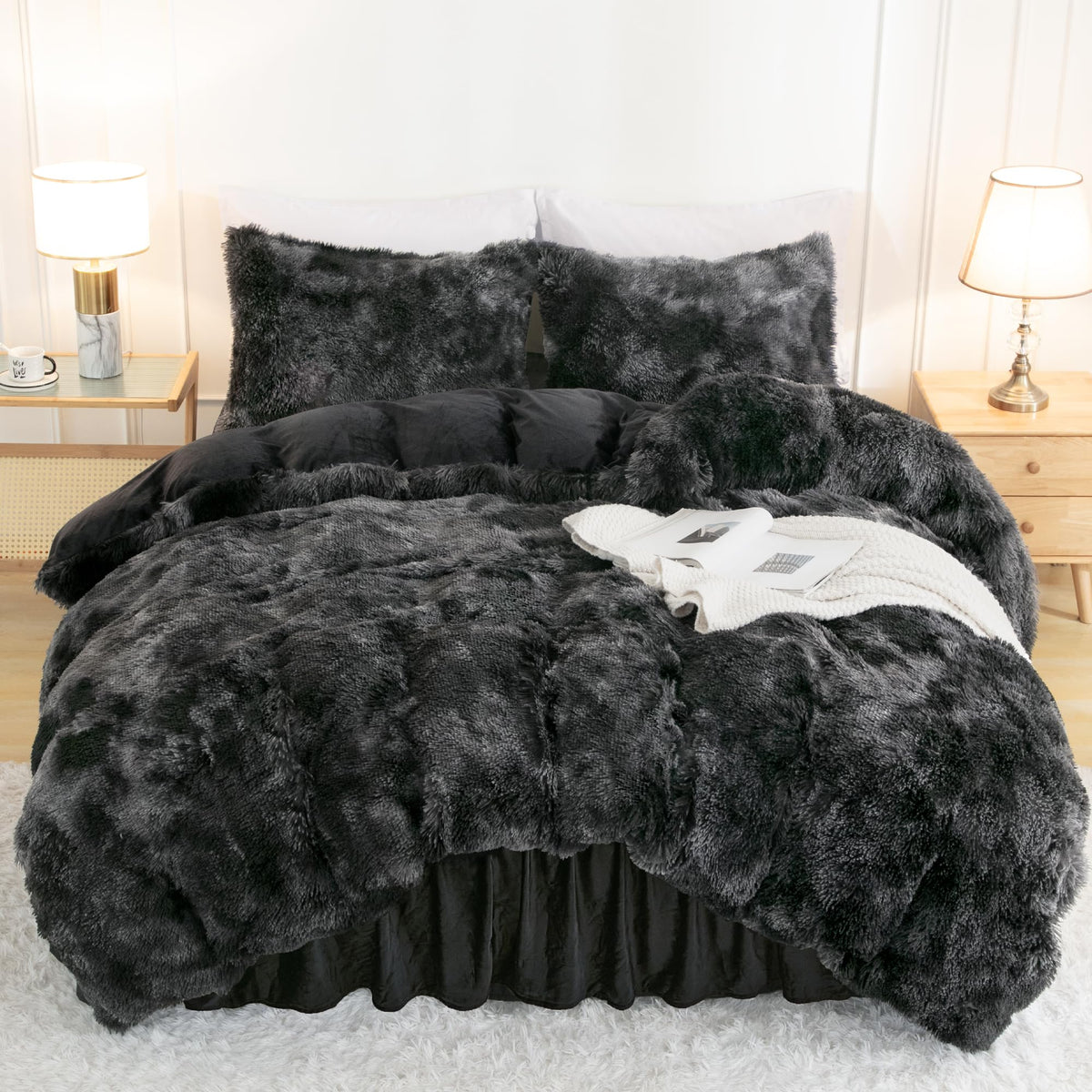 Annadaif Plush Shaggy Duvet Cover, Tie Dye Black Fluffy Comforter Cover Set Queen Size, Fuzzy Faux Fur Bedding Set With Zipper C