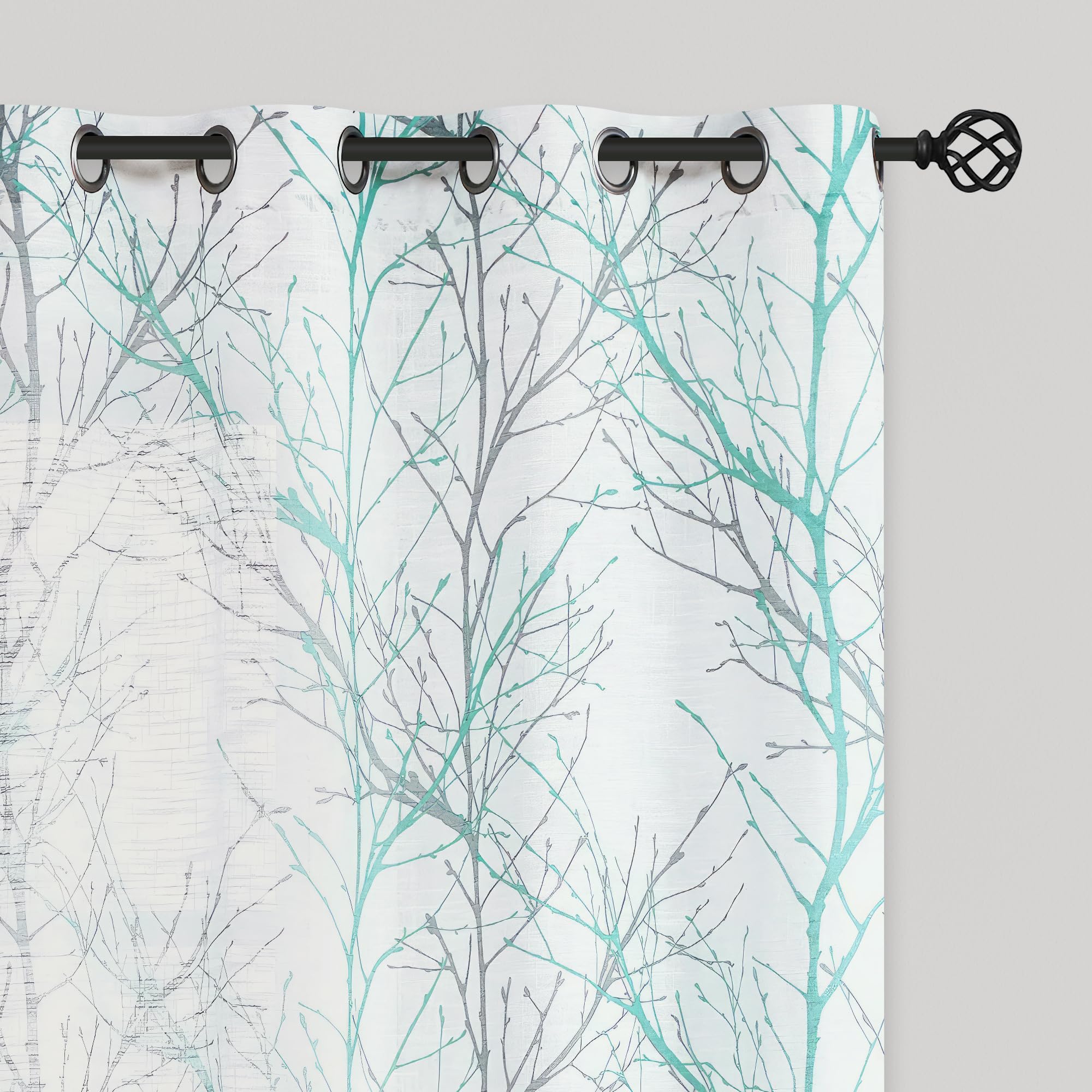 FMFUNCTEX Linen Semi Sheer Curtains for Bedroom, Auqa Blue White Curtains 96 Inches Long for Living Room, Grey Tree Branch Patte