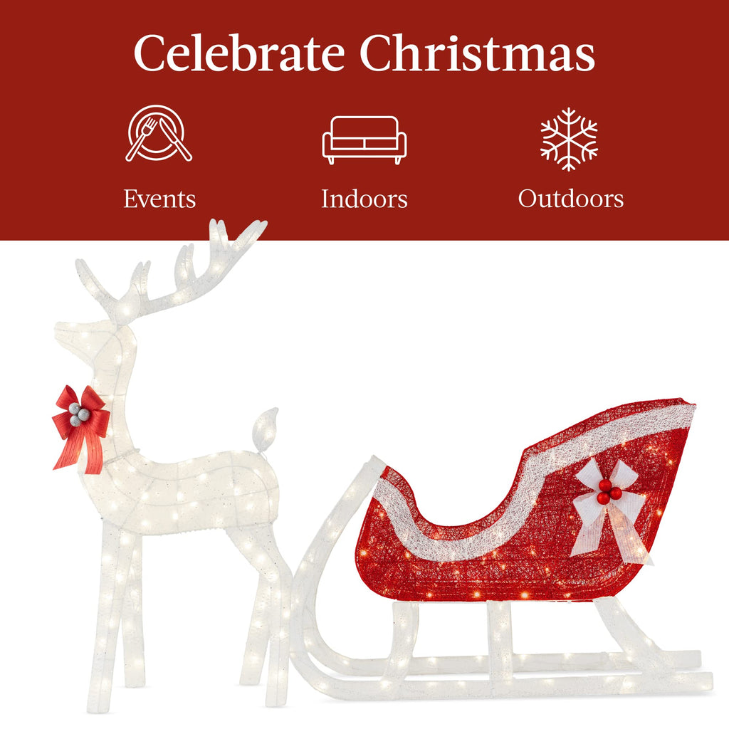 Best Choice Products Lighted Christmas 4Ft Reindeer & Sleigh Outdoor Yard Decoration Set W/ 205 Led Lights, Stakes, Zip Ties - White