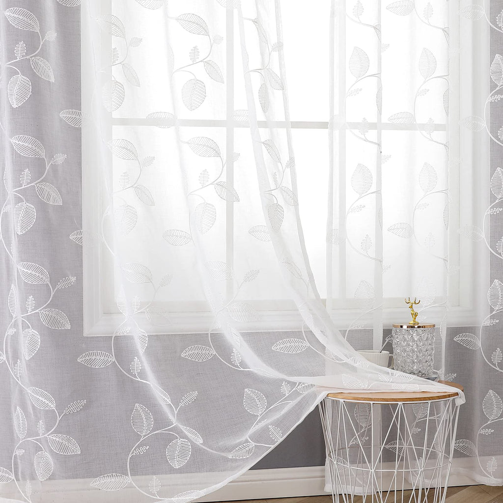 Bgment Sheer Curtains 72 Inches Length, Faux Linen Embroidered Leaf Pattern Semi Sheer Voile Drapes Light Filtering Grommet Priv