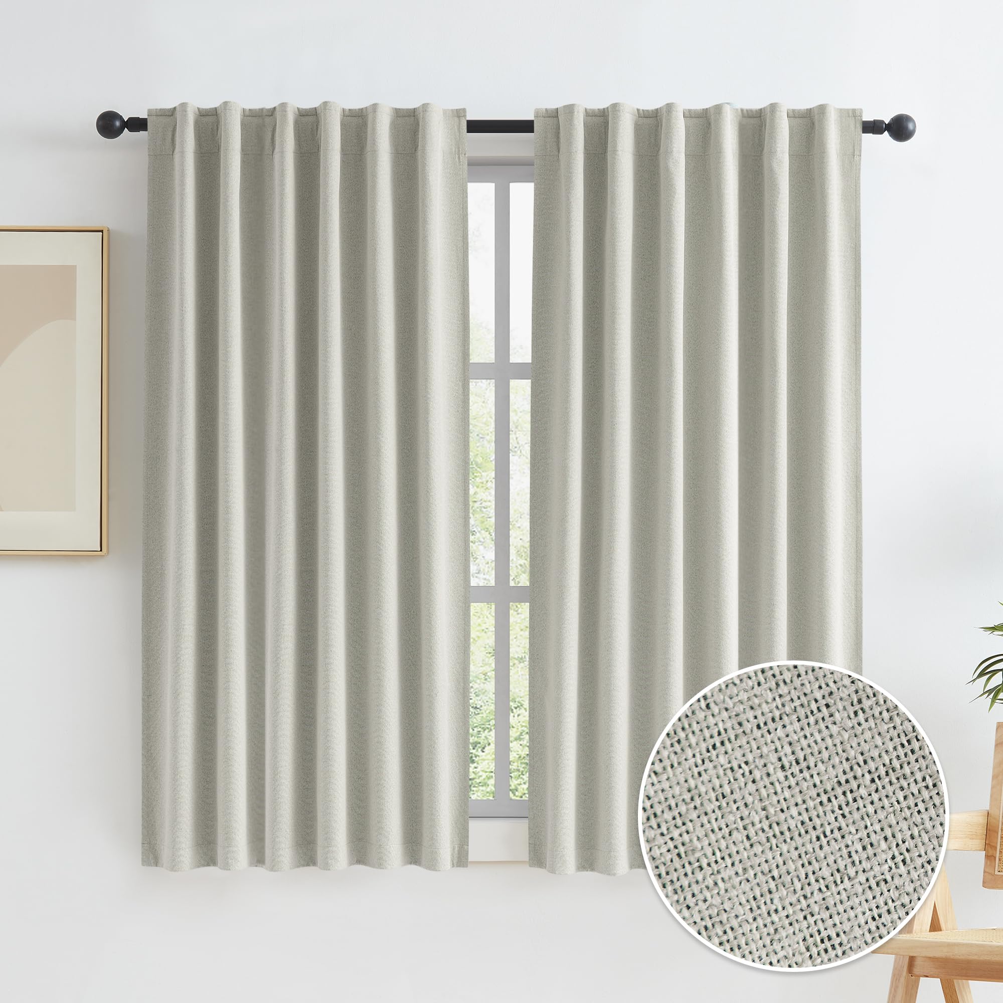 KEQIAOSUOCAI Greyish Beige Full Blackout Linen Curtains for Small Windows, Completely Blackout Window Treatment Panels for Bedro