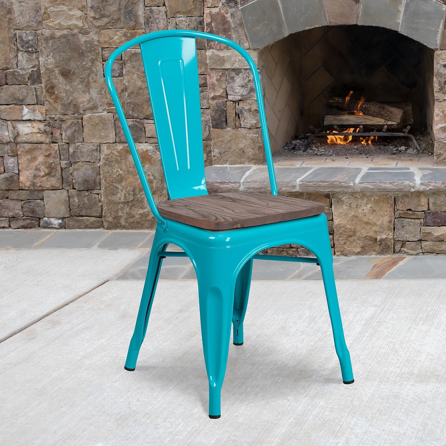 Flash Furniture Tenley Crystal Teal-Blue Metal Stackable Chair with Wood Seat