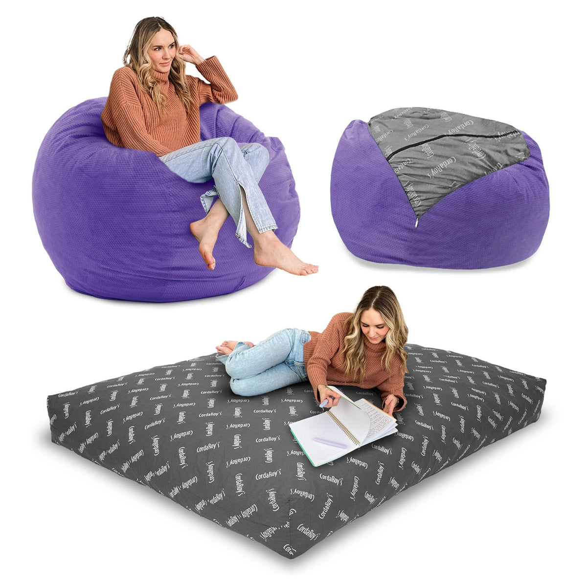 Cordaroy'S Chenille Bean Bag - Convertible Bean Bag Chair & Bed - Machine-Washable Chenille Fabric Cover - For Basement, Living