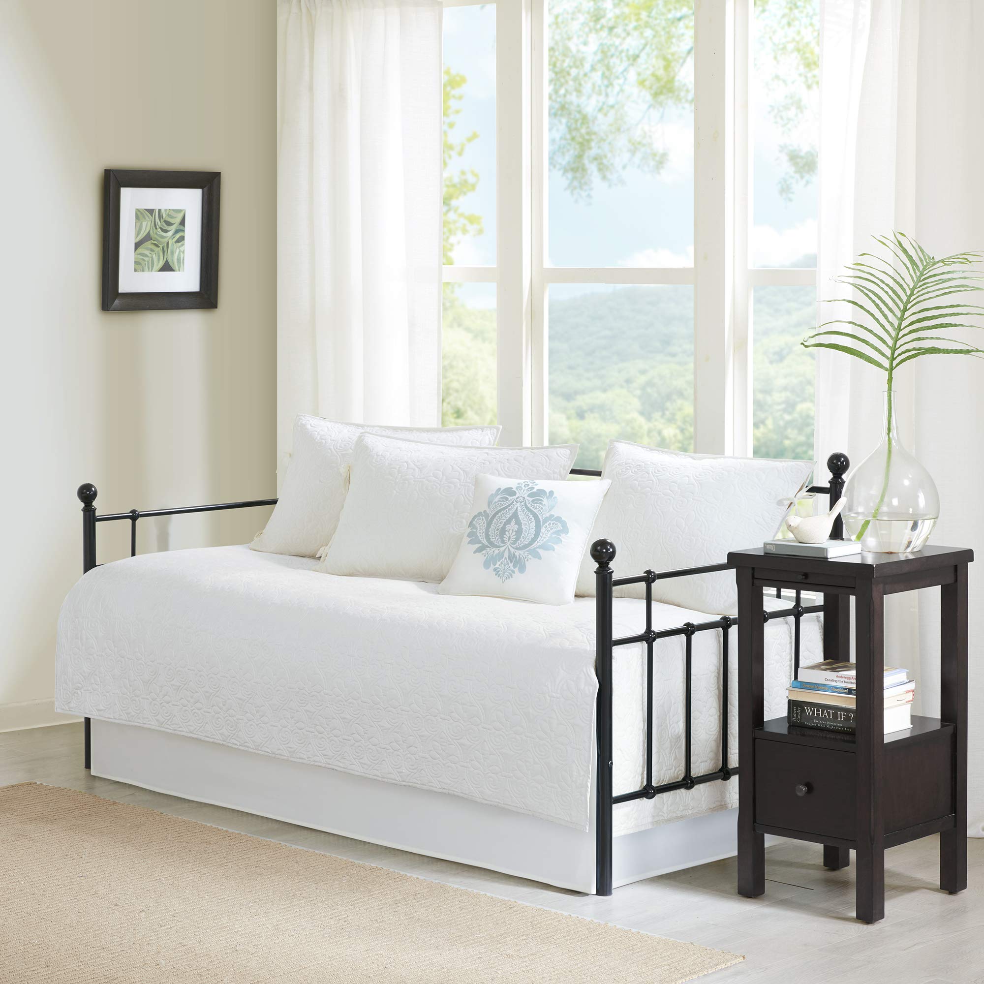 Madison Park Cotton Daybed Cover Set-Double Sided Quilting Classic Cottage Design All Season Bedding With Bedskirt, Matching Shams, Decorative Pillow, 75'X39', Quebec White 6 Piece
