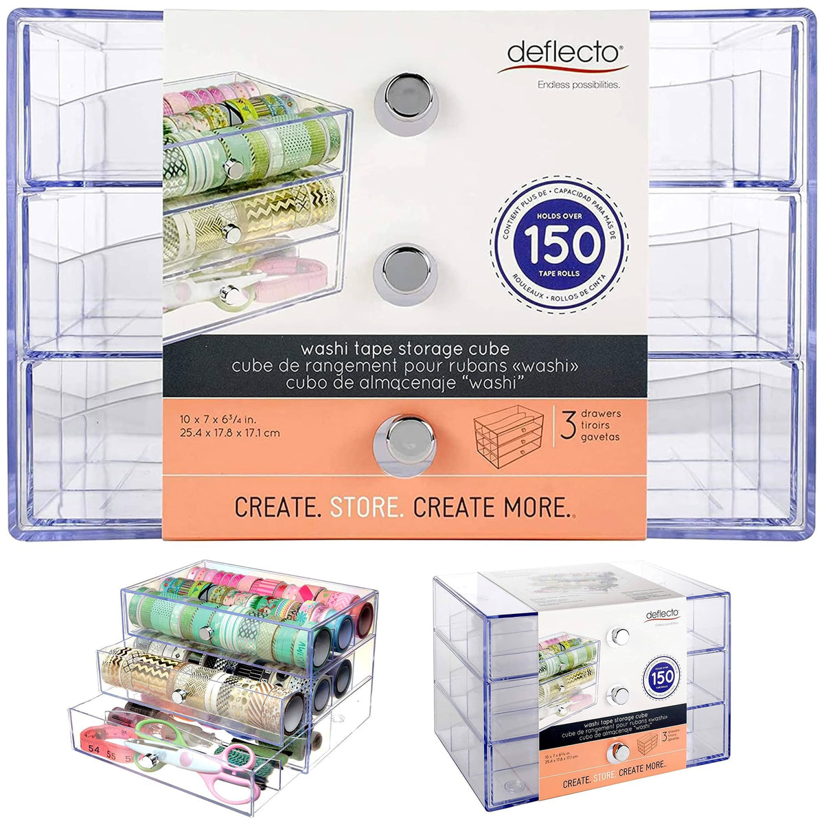 Deflecto 3 Transparent Storage Cube Drawer Organizer, 7&quot; x 10&quot; x 6.8&quot;, Clear