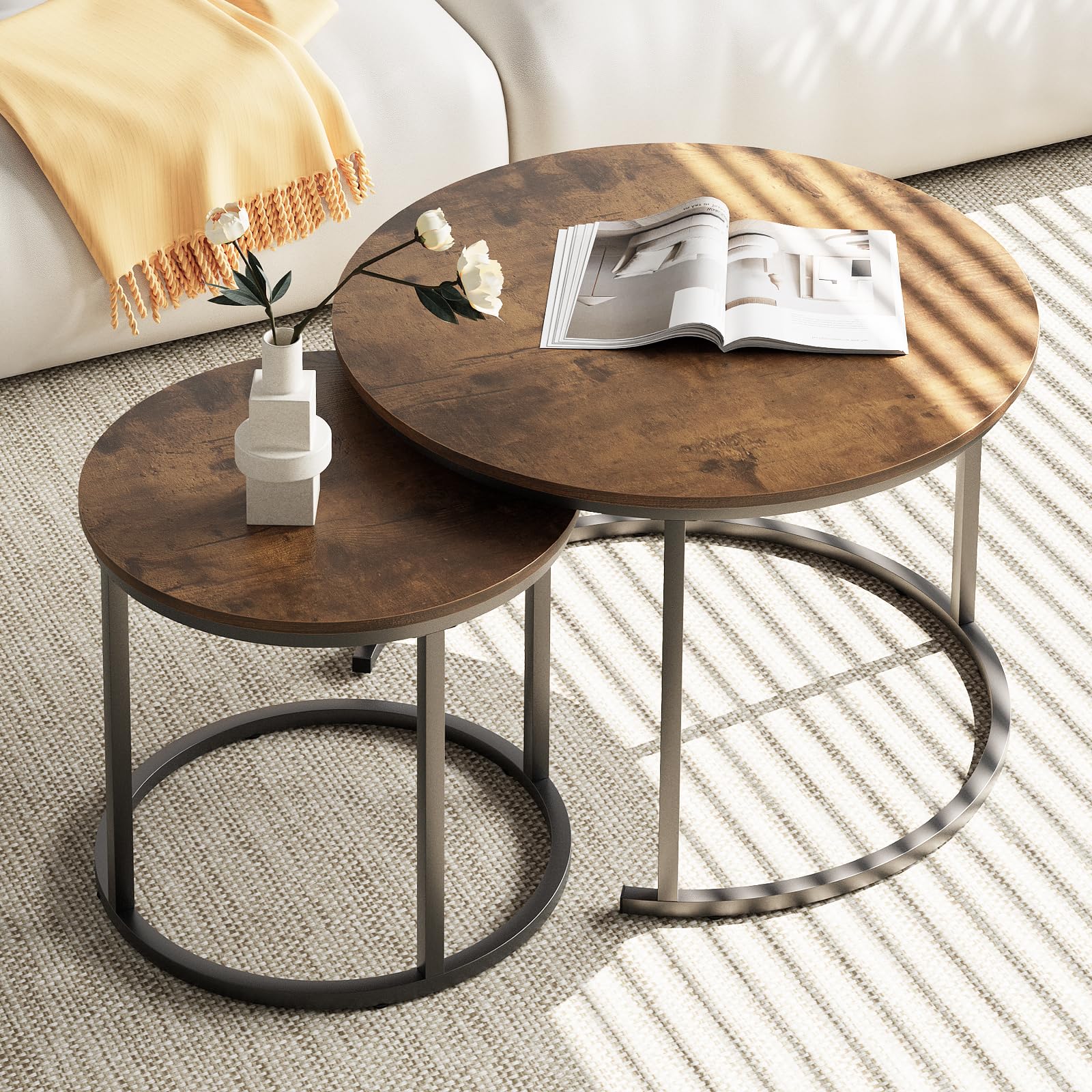Aboxoo Coffee Table Nesting Round Table Set Of 2 Side Table With Sturdy Metal Frame For Living Room Bedroom Apartment Modern Industrial Simple Nightstand,Rustic Brown