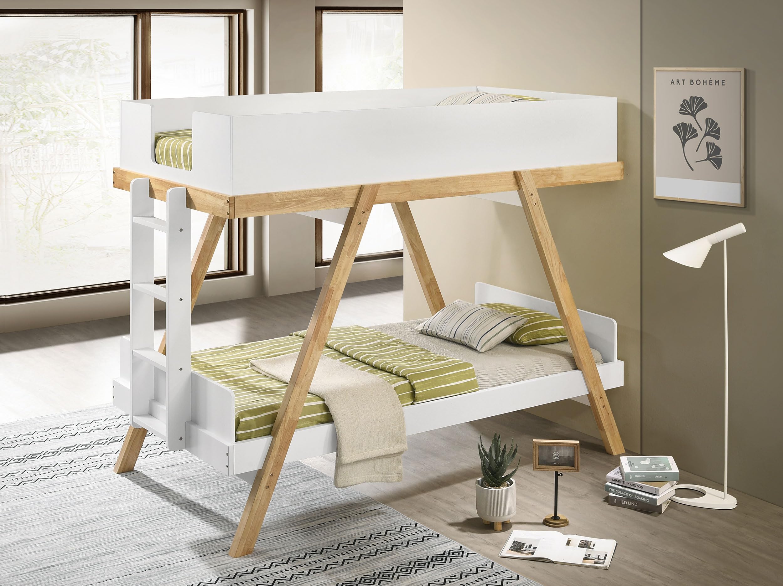 Coaster Home Furnishings Frankie Mid-Century Modern Wood Twin Over Twin Size Bunk Bed Frame with Ladder and Guardrails Fully Slatted Mattress Ready Foundation White 460570T