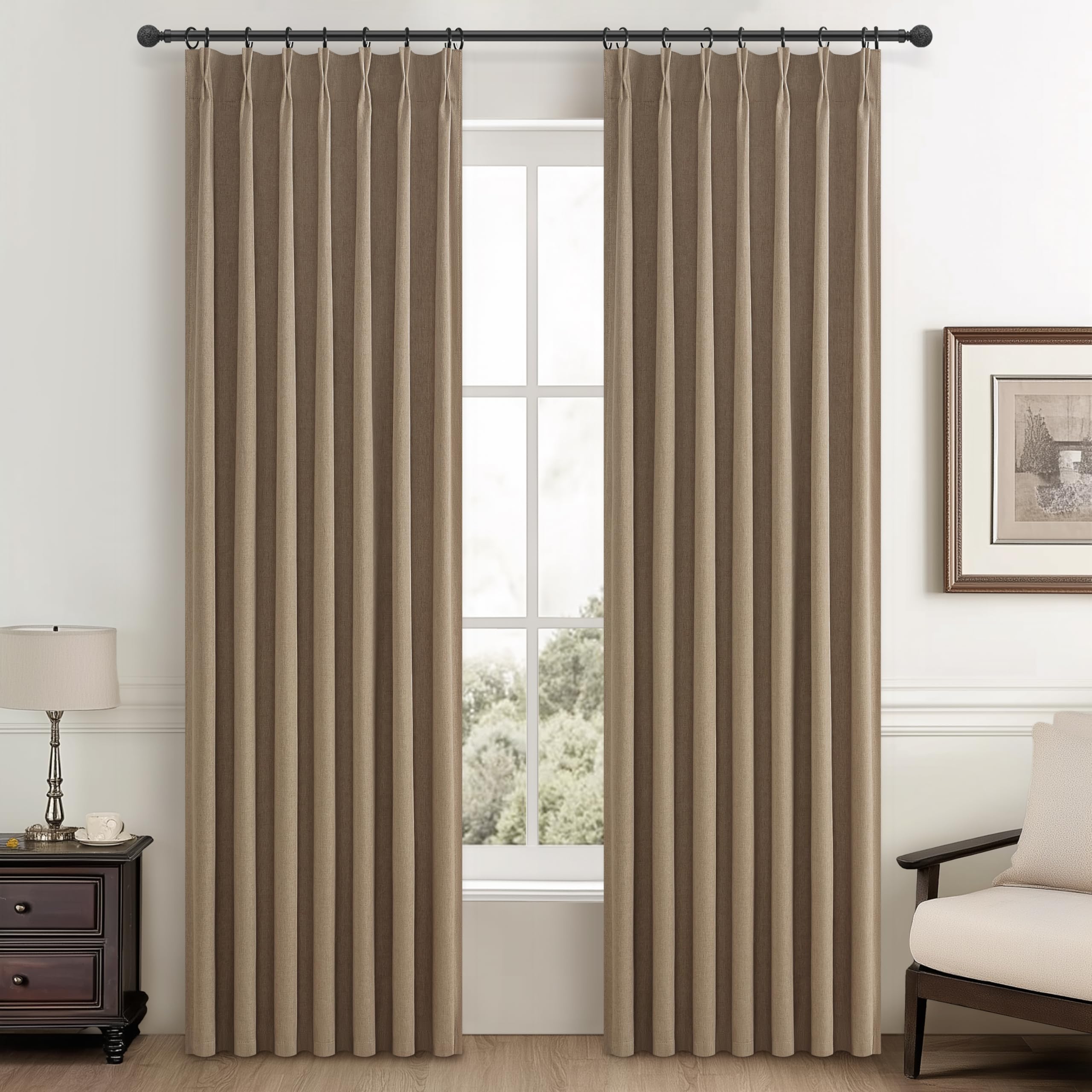 Rust Brown Living Room Curtains 84 Inches Long,Tan Beige Pinch Pleated Linen Basics Window Curtains Total Blackout Burlap Sunblo