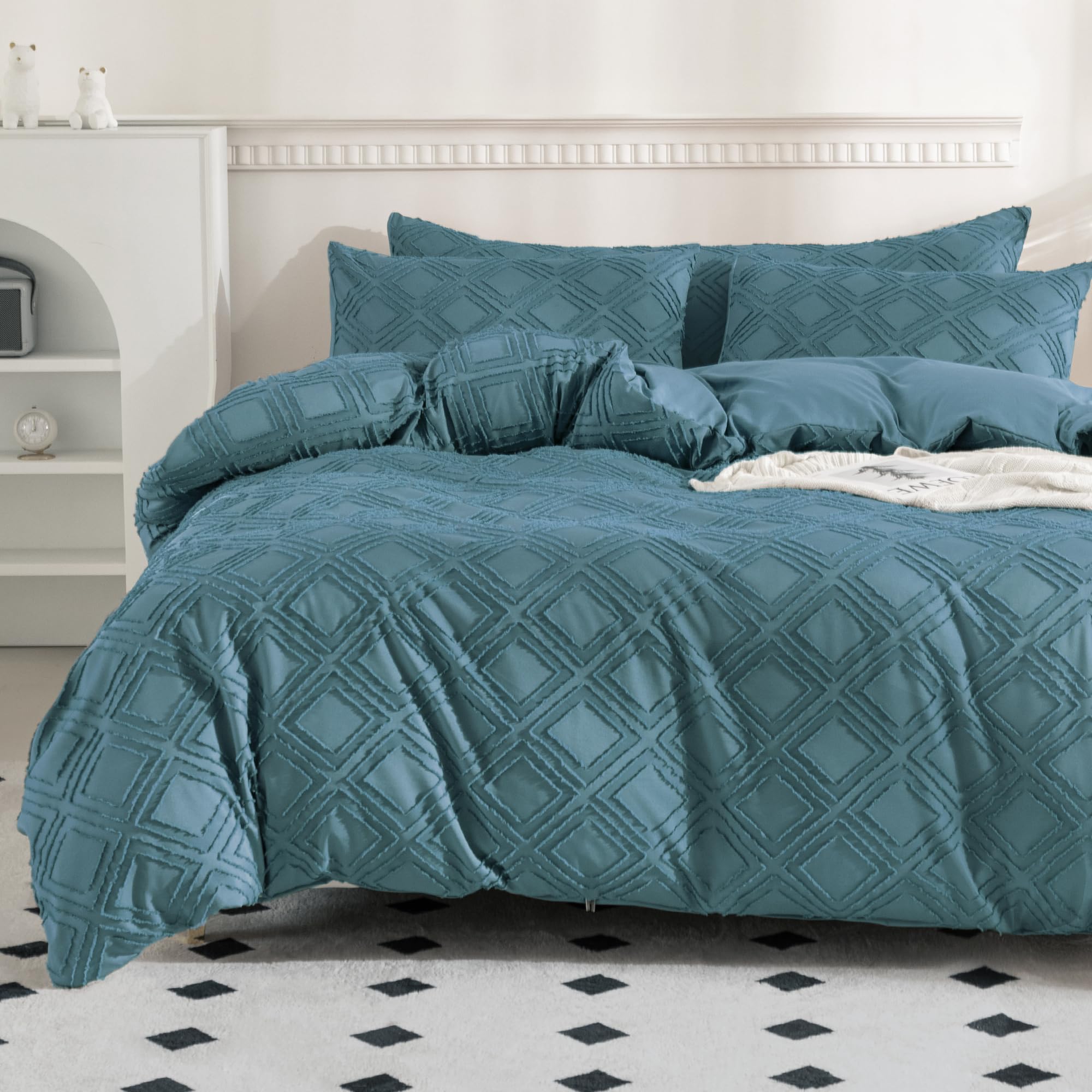 Jellymoni Grayish Blue Duvet Cover Full Size - 3 Pcs Microfiber Tufted Duvet Cover Set, Boho Textured Duvet Cover Jacquard Rhomb
