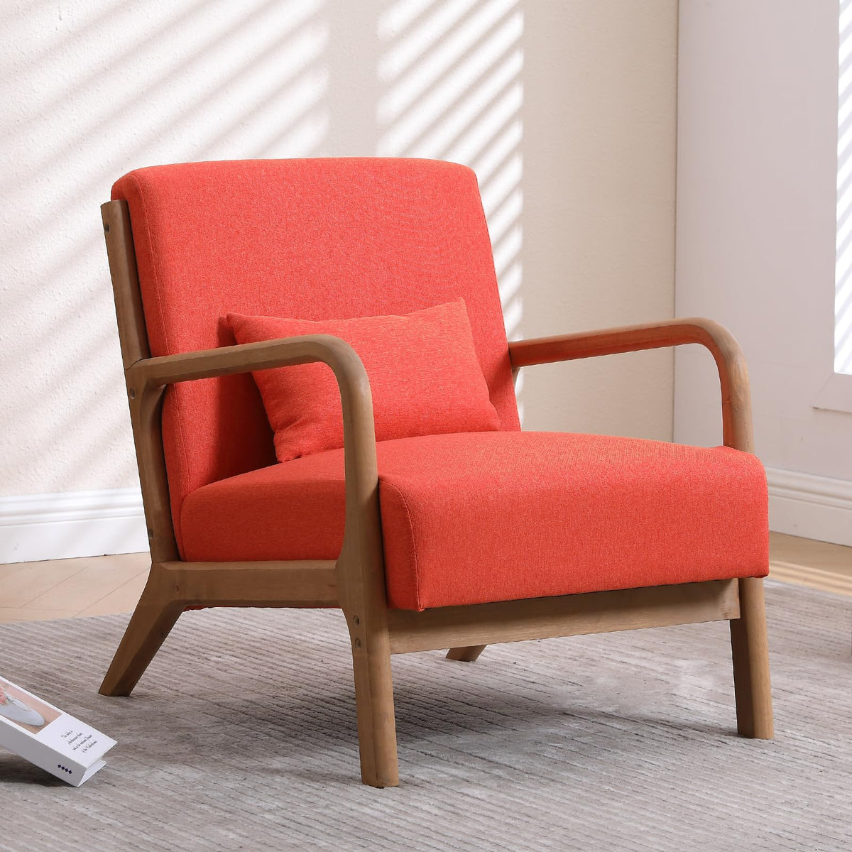 INZOY Mid Century Modern Accent Chair with Wood Frame, Upholstered Living Room Chairs with Waist Cushion, Reading Armchair for B