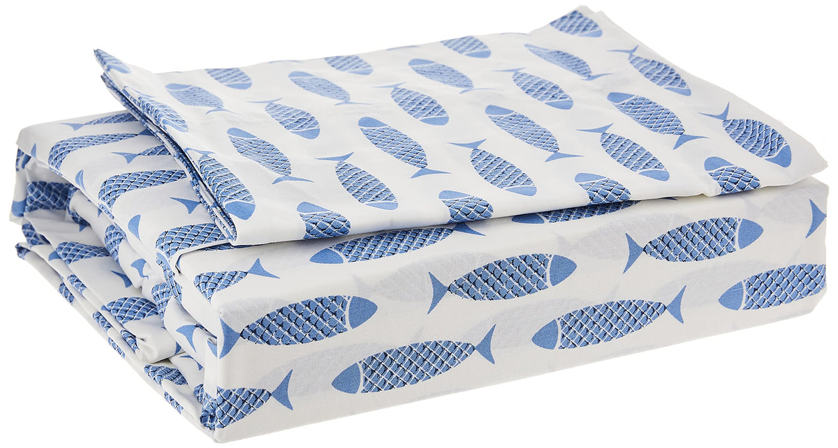 Nautica - King Sheet Set, Cotton Percale Bedding Set, Crisp & Cool, Lightweight & Breathable (Woodblock Fish Blue, King)