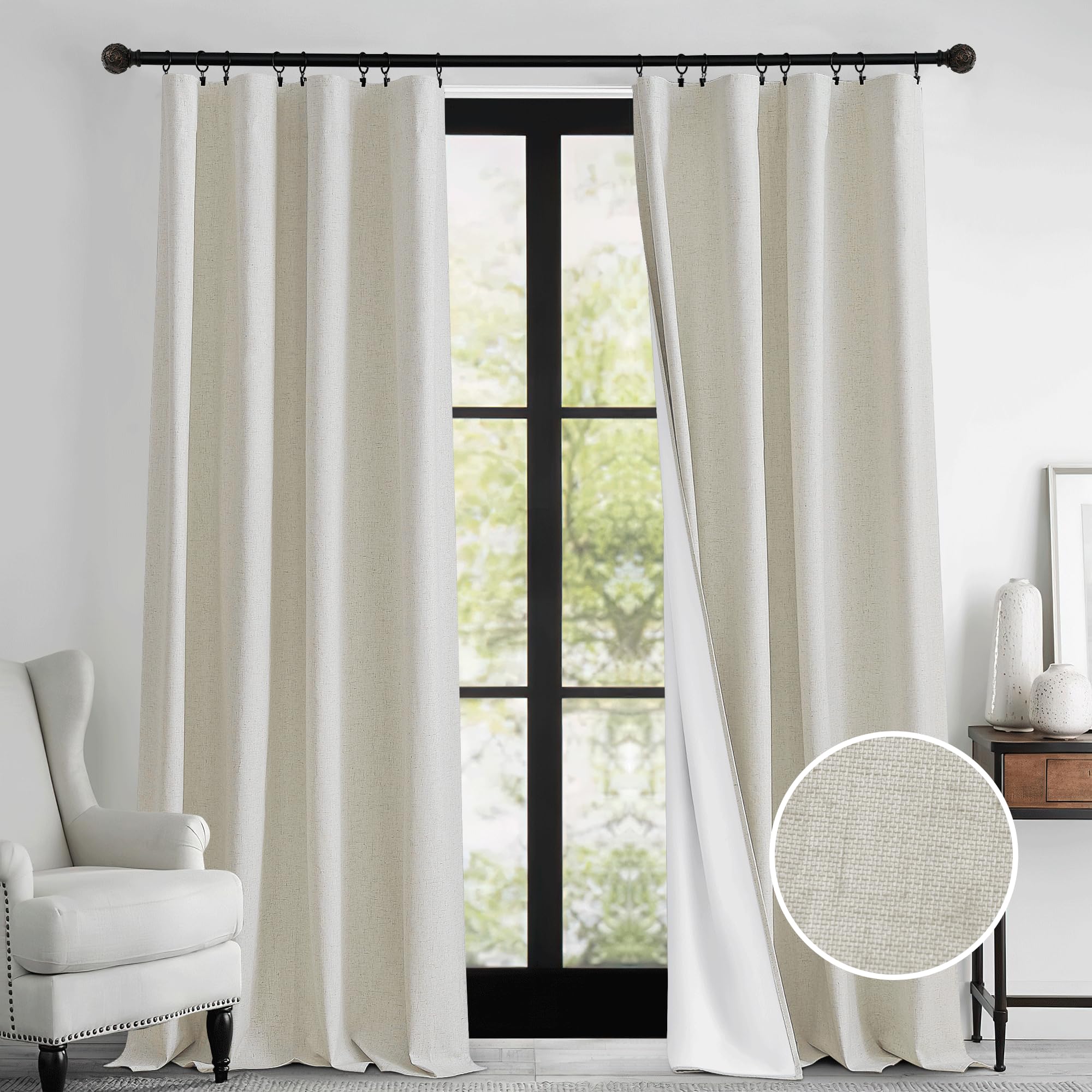 Ryb Home 100% Blackout Curtains Natural Linen Blended, Thermal Insulated Room Darkening Window Treatment With White Liner Classy