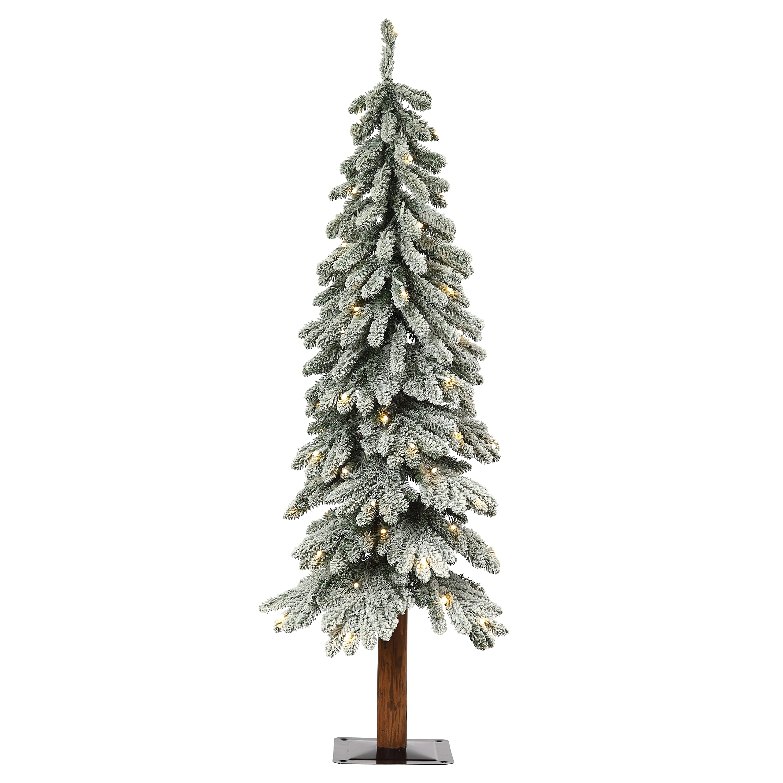 Haute Decor Lightly Flocked Alpine Tree with Wood Pole and Warm White Battery-Operated LED Lights with Timer (4-Foot)