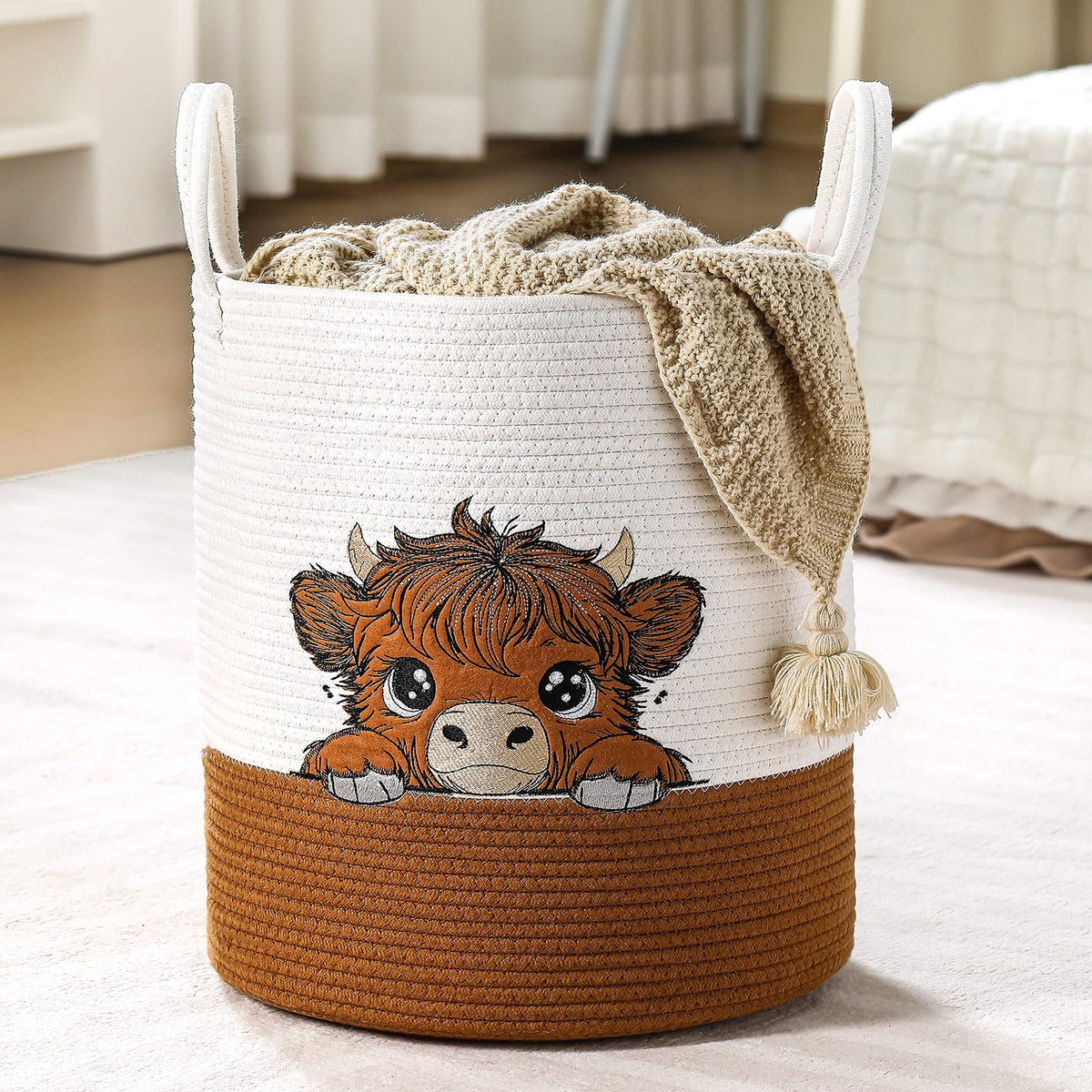 Honeydak Highland Cow Laundry Basket Brown Tall Cotton Rope Laundry Hamper Large Nursery Storage Basket for Toy Clothe Bathroom 