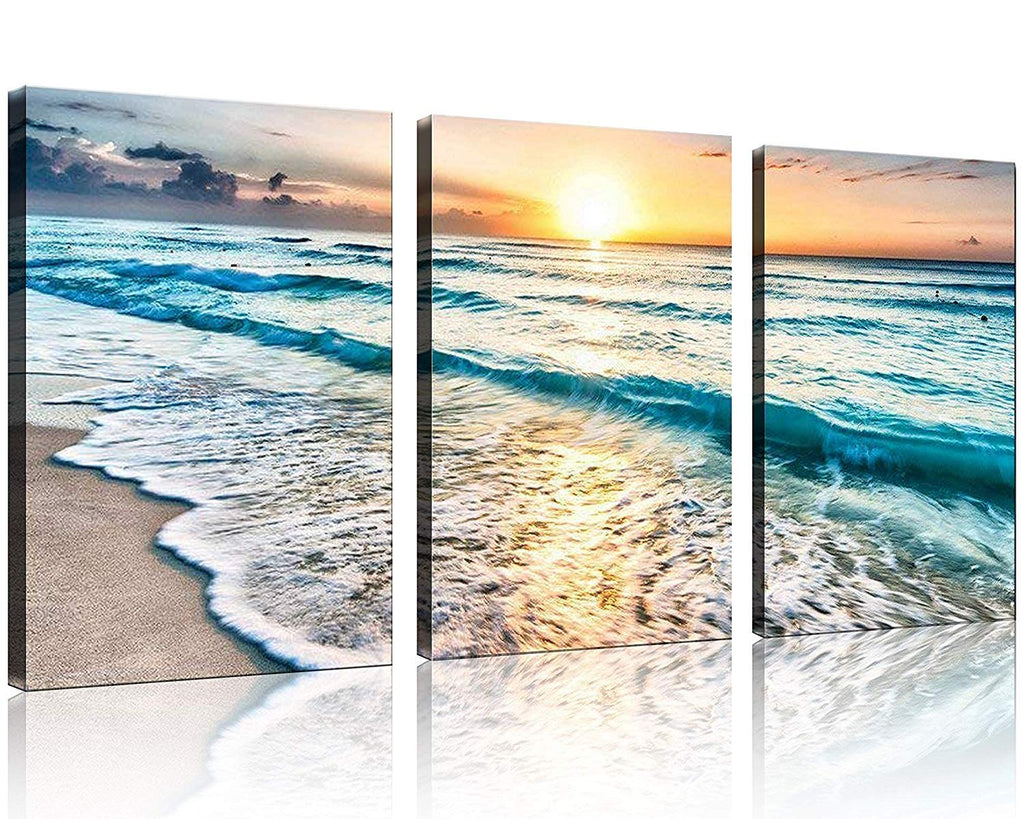 TutuBeer 3 Panel Canvas Wall Art for Home Decor Blue Sea Sunset White Beach Painting The Picture Print On Canvas Seascape The Pi