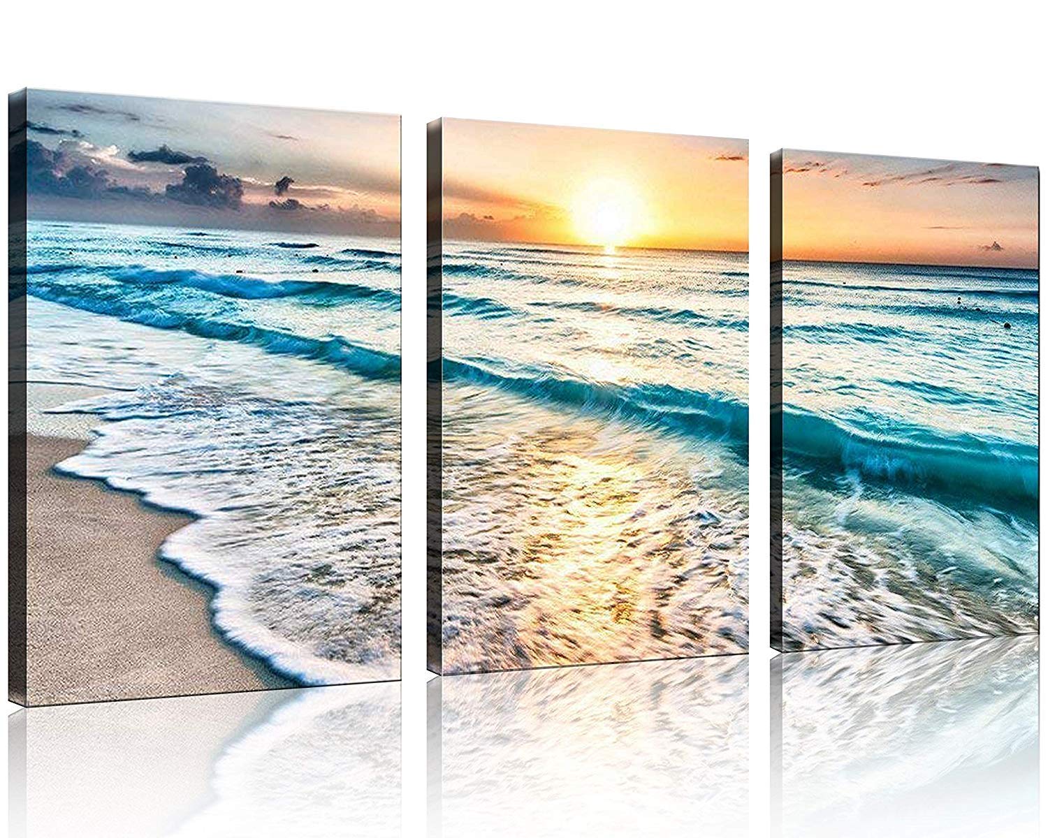 TutuBeer 3 Panel Canvas Wall Art for Home Decor Blue Sea Sunset White Beach Painting The Picture Print On Canvas Seascape The Pi
