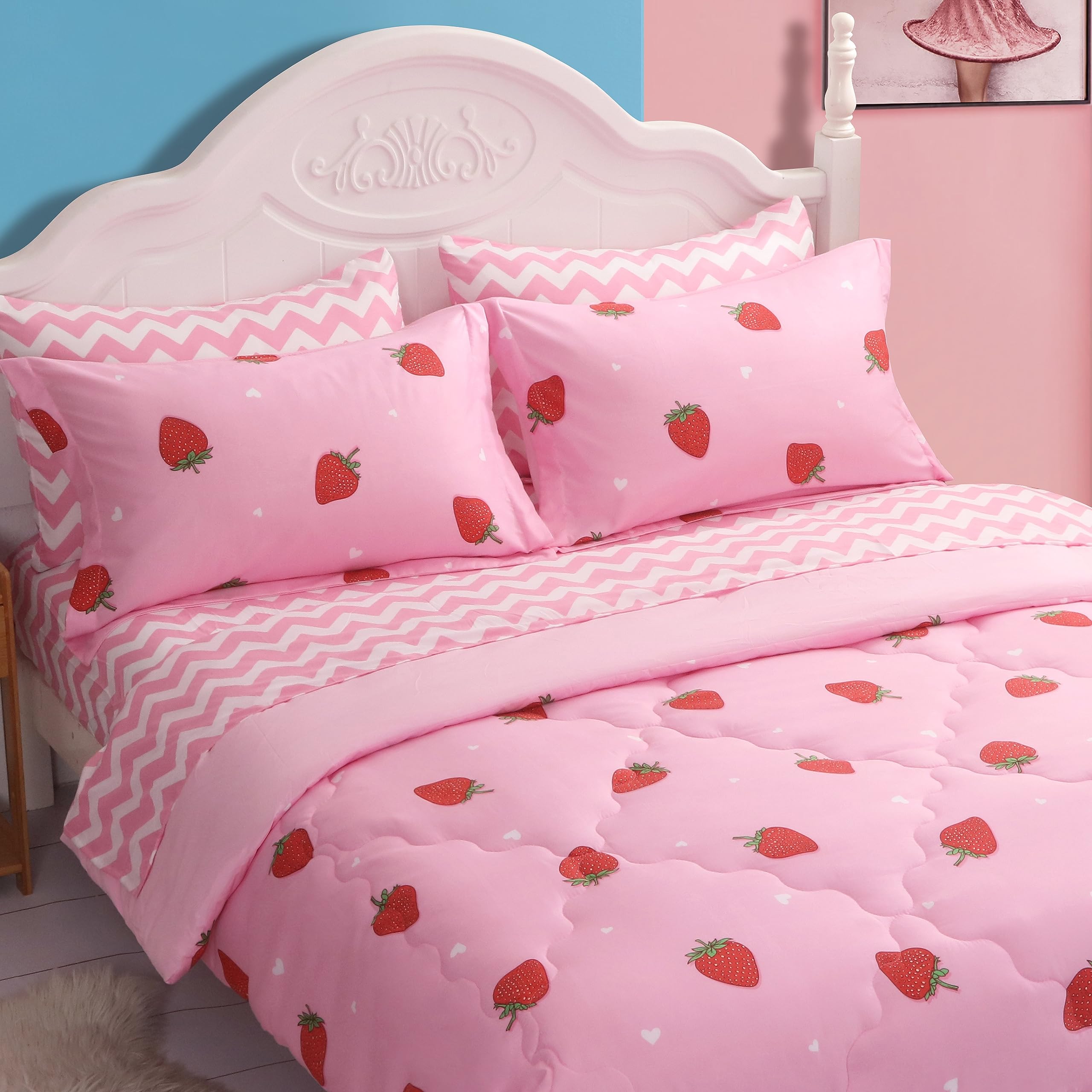 Gusuhome Girls Strawberry Comforter Set Queen Size - 7 Piece Bed In A Bag Bedding Set For Kids Teens - All Season (1 Comforter,1