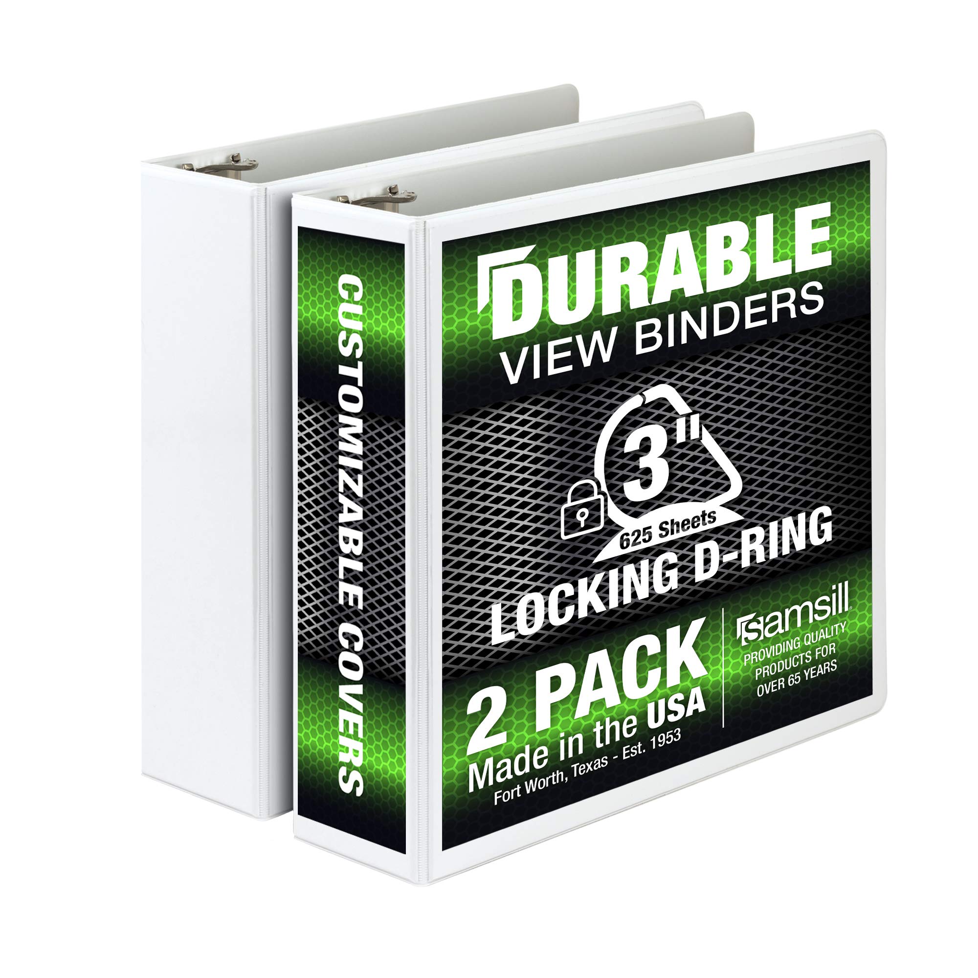 Samsill Durable 3 Inch Binder, Made In The Usa, D Ring Binder, Customizable Clear View Binder, White, 2 Pack, Holds 625 Pages