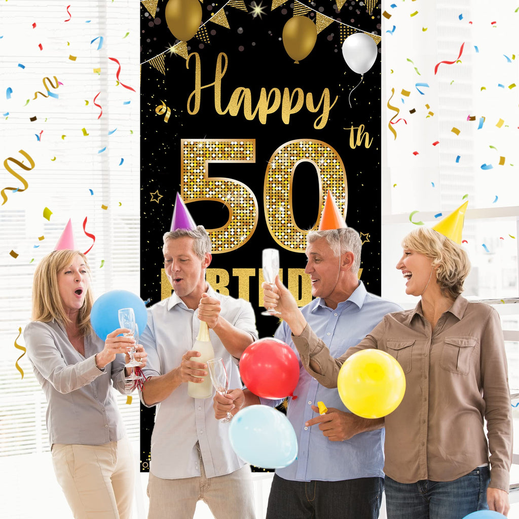50Th Birthday Door Banner Backdrop, Black Gold Happy 50Th Birthday Decorations Women Men, 50 Years Birthday Photo Booth Props, F