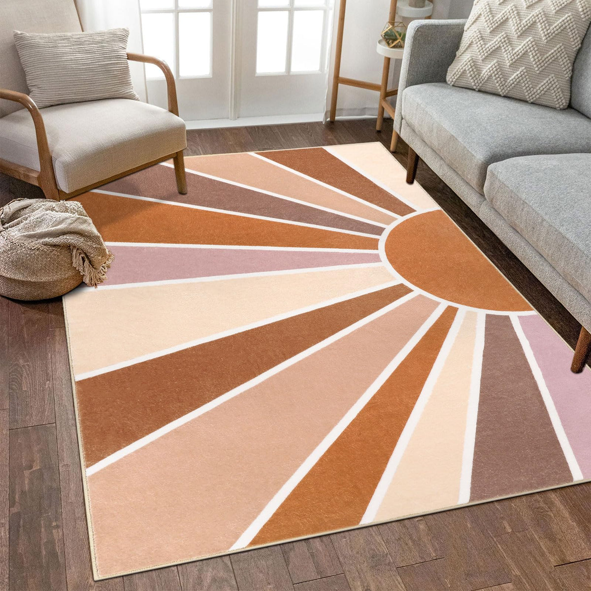 Topotdor Sun Rainbow Area Rug 5 X 7Ft Boho Kids Nursery Rug, Colorful Washable Area Rug Ultra Soft Circle Classroom Rug Non-Slip