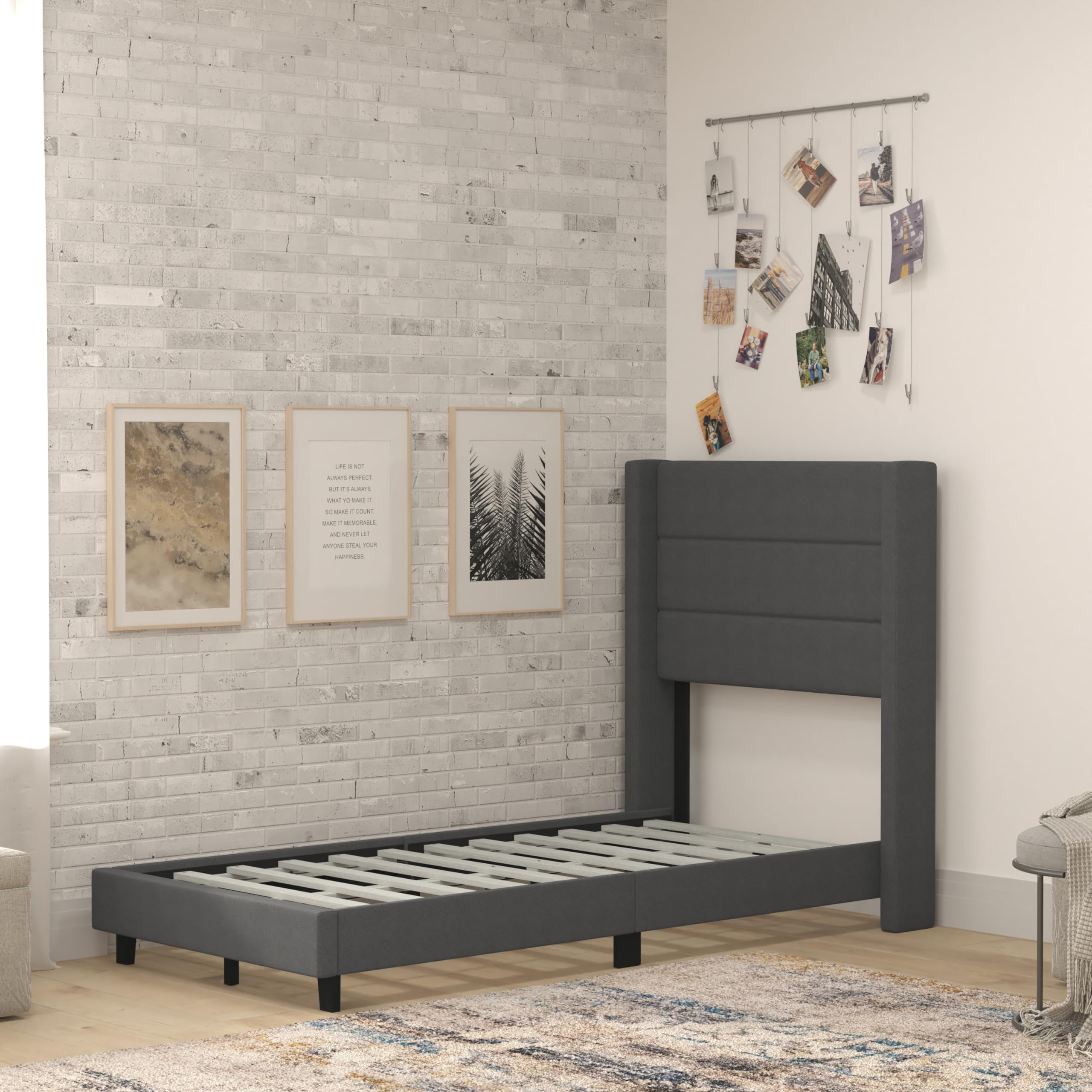 Flash Furniture Hollis Upholstered Platform Bed - Charcoal Faux Linen Wingback Headboard - Twin - Mattress Foundation with Slatted Supports - No Box Spring Needed