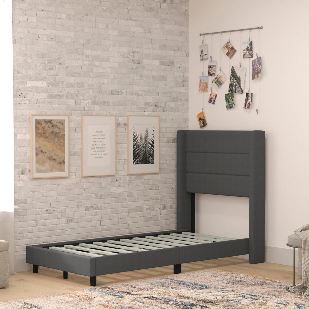 Flash Furniture Hollis Upholstered Platform Bed - Charcoal Faux Linen Wingback Headboard - Twin - Mattress Foundation with Slatted Supports - No Box Spring Needed