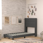 Flash Furniture Hollis Upholstered Platform Bed - Charcoal Faux Linen Wingback Headboard - Twin - Mattress Foundation with Slatted Supports - No Box Spring Needed