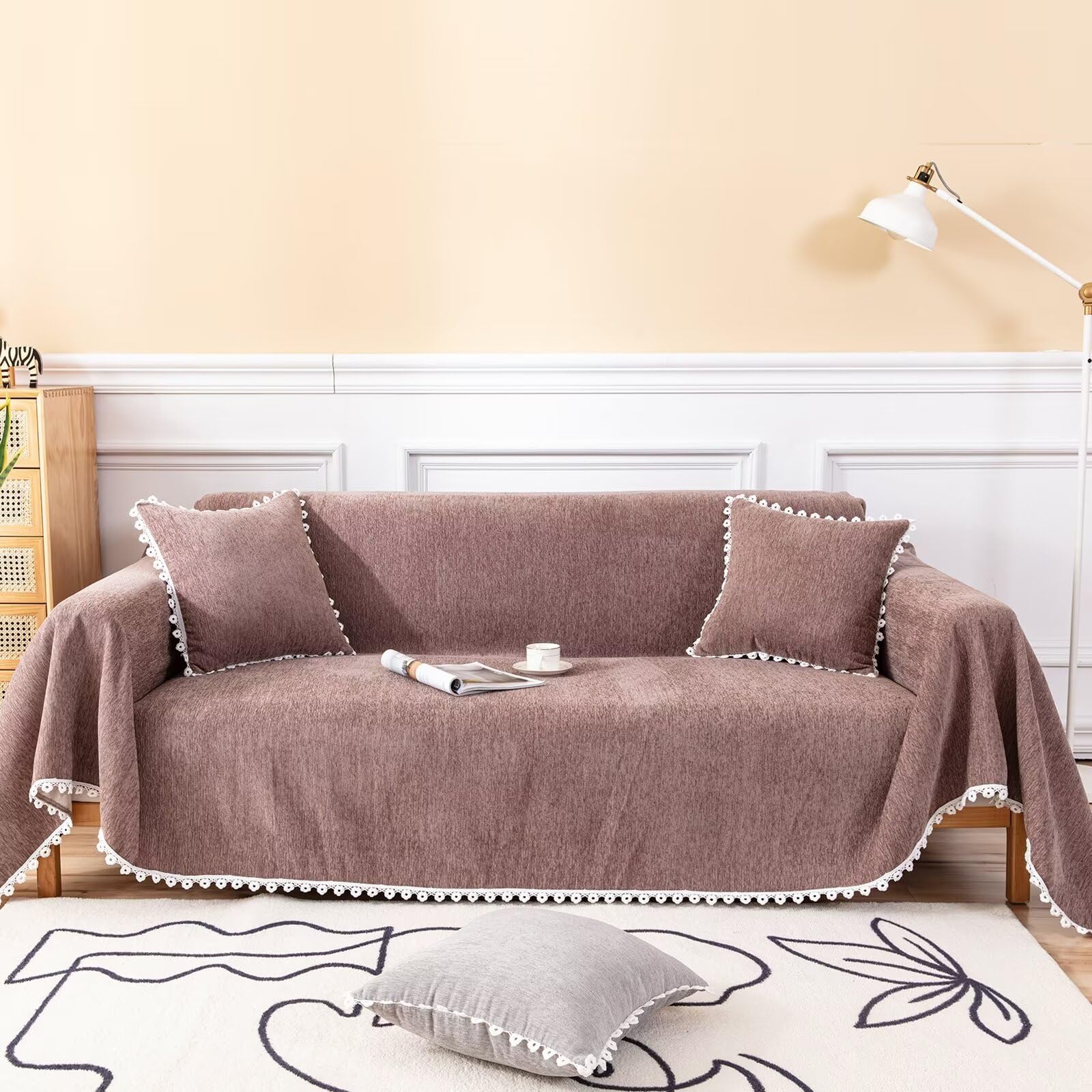 Vclife Chocolate Couch Cover Chenille Sectional Sofa Cover For Dog Washable Non Slip Couch Cover For 3-4 Cushion Couch Sofa Mode