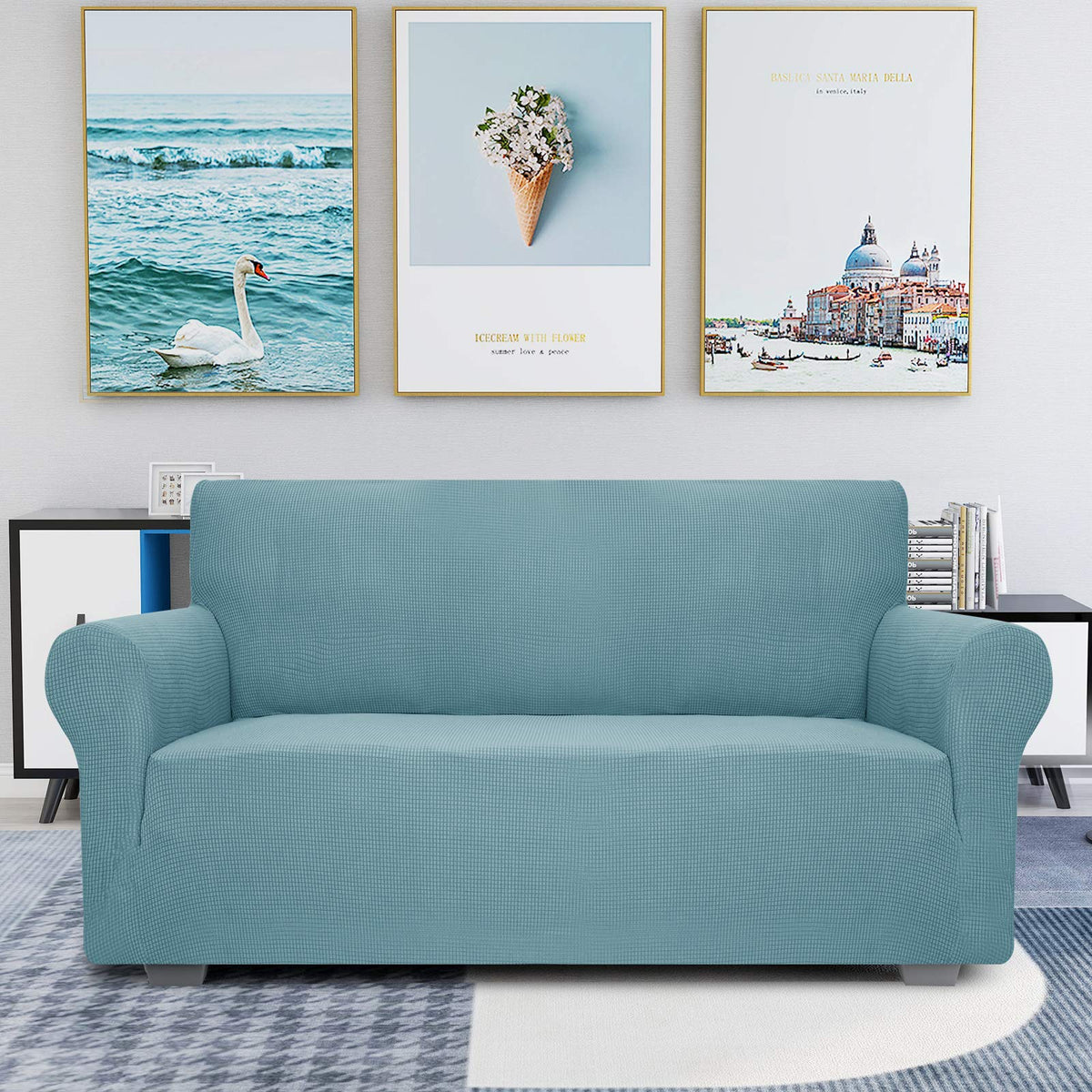Jiviner High Stretch 1-Piece Jacquard Small Checks Couch Covers For 2 Cushion Couch Anti Slip Love Seat Sofa Covers Loveseat Slipcovers Protector For Kids Pets (Loveseat, Light Blue)