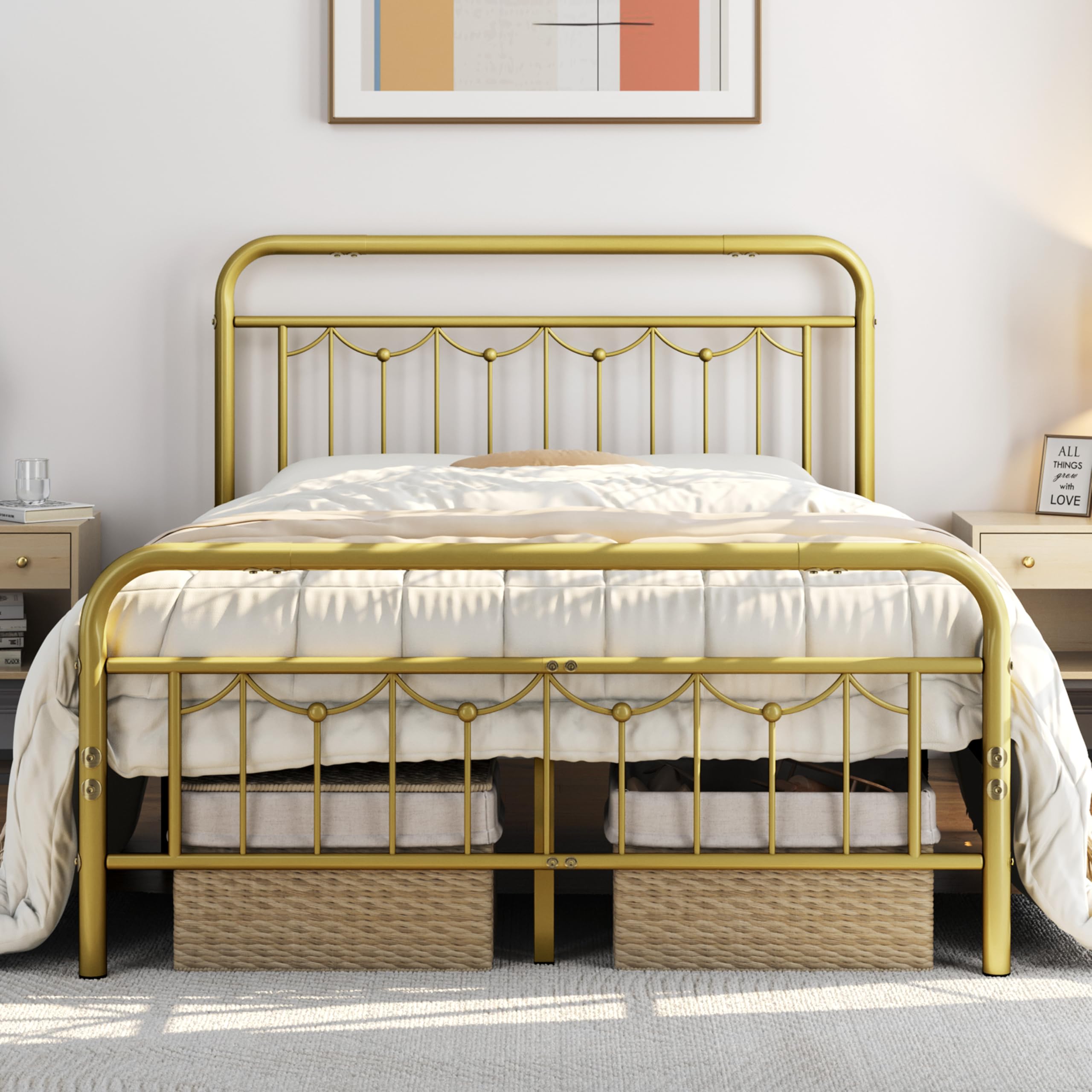 Yaheetech Full Size Metal Bed Frames With Vintage Headboard And Footboard, Farmhouse Metal Platform Bed, Heavy Duty Steel Slat Support, Ample Under-Bed Storage, No Box Spring Needed, Antique Gold