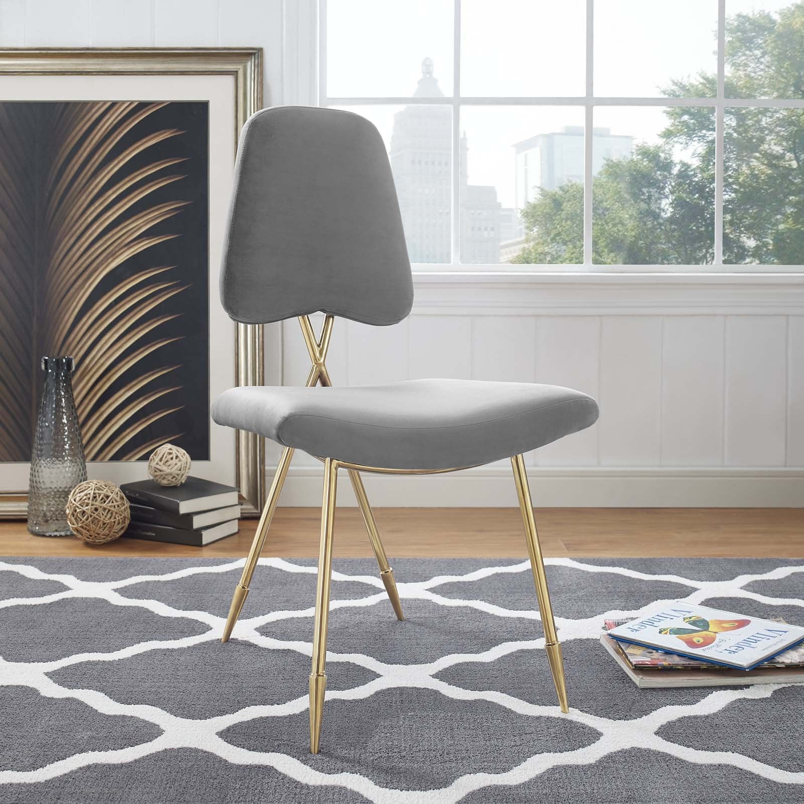 Modway Ponder Performance Velvet Upholstered Modern Dining Side Chair In Gray With Gold Stainless Steel Legs