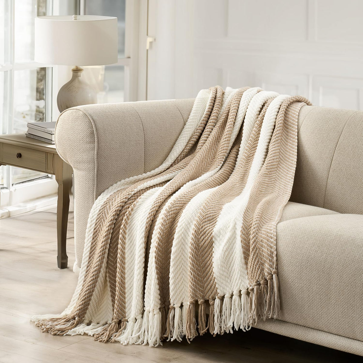 Evergrace Striped Chenille Knit Beige Throw Blanket For Couch, Textured Woven Boho Knitted Blanket For Bed, Super Soft Cozy Shab
