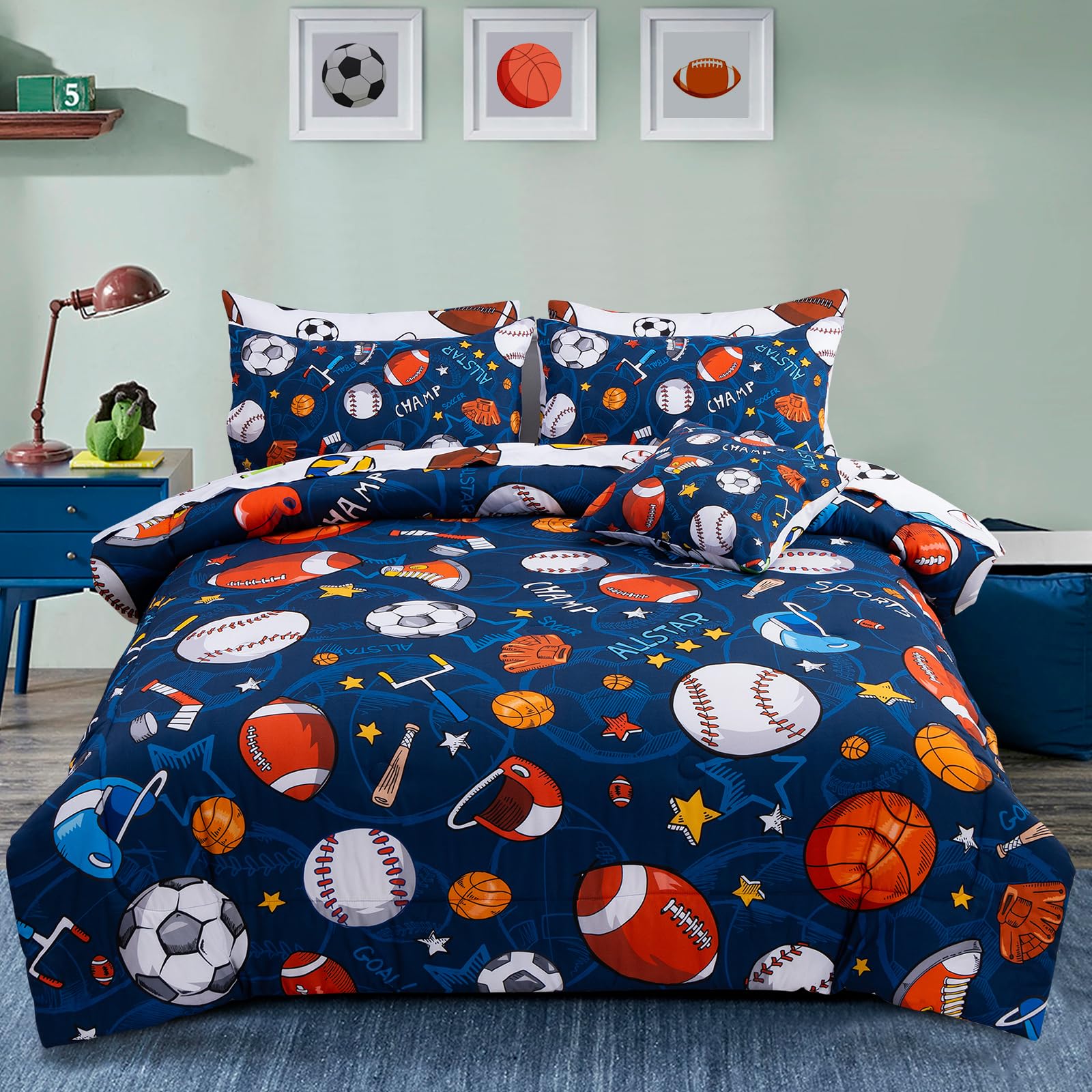 A Nice Night 6Pcs Bed In A Bag Full Sports Microfiber Modern Comforter Set,Navy Rugby Ball Printed Bedding Collections,For Boys